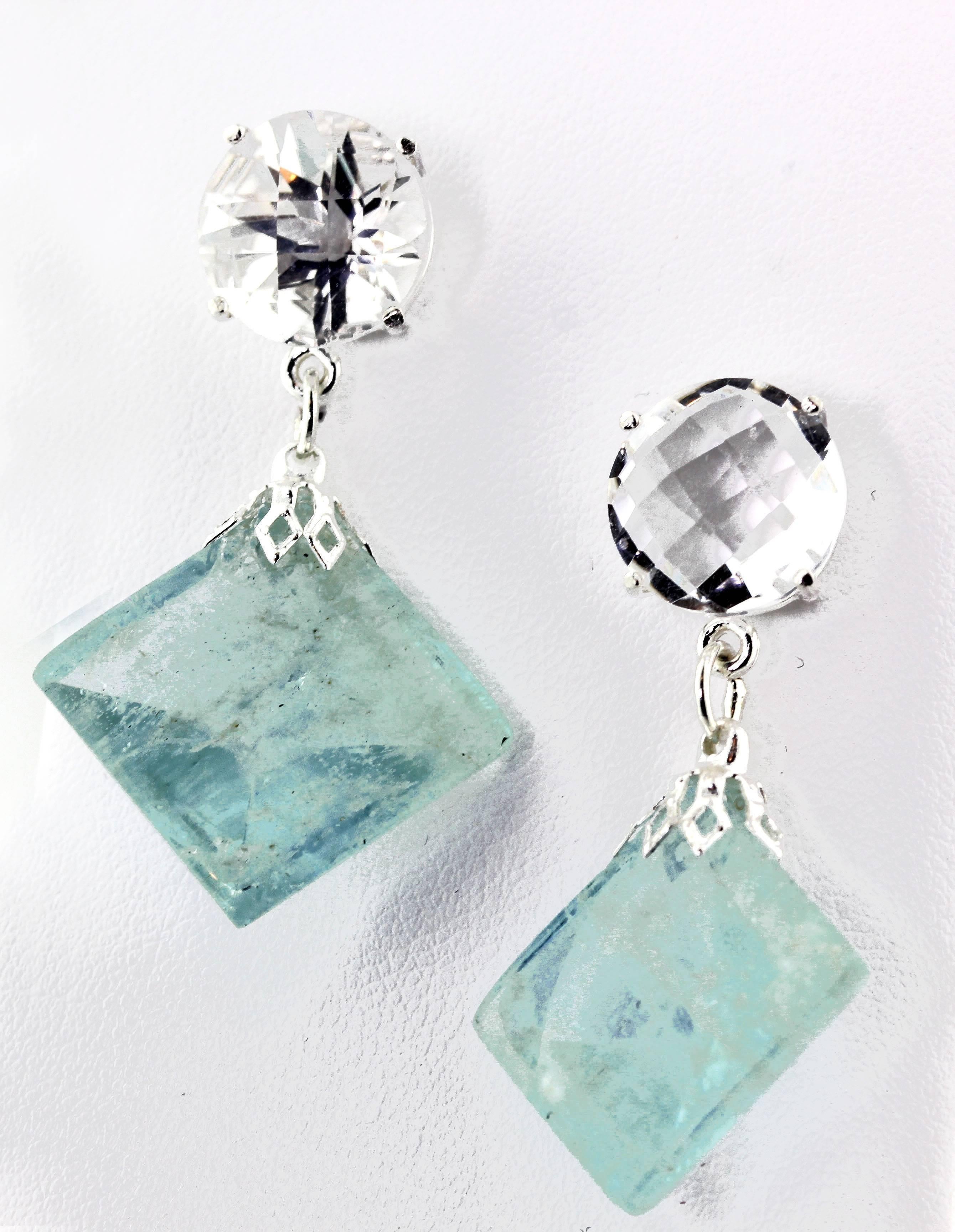 32 carats of unique Aquamarines (18 mm x 18 mm) dangle brightly from glittering checkerboard gem cut round silver white translucent Quartz (12 mm) on handmade sterling silver stud earrings. Spectacular optical effect in the aquamarines exhibits