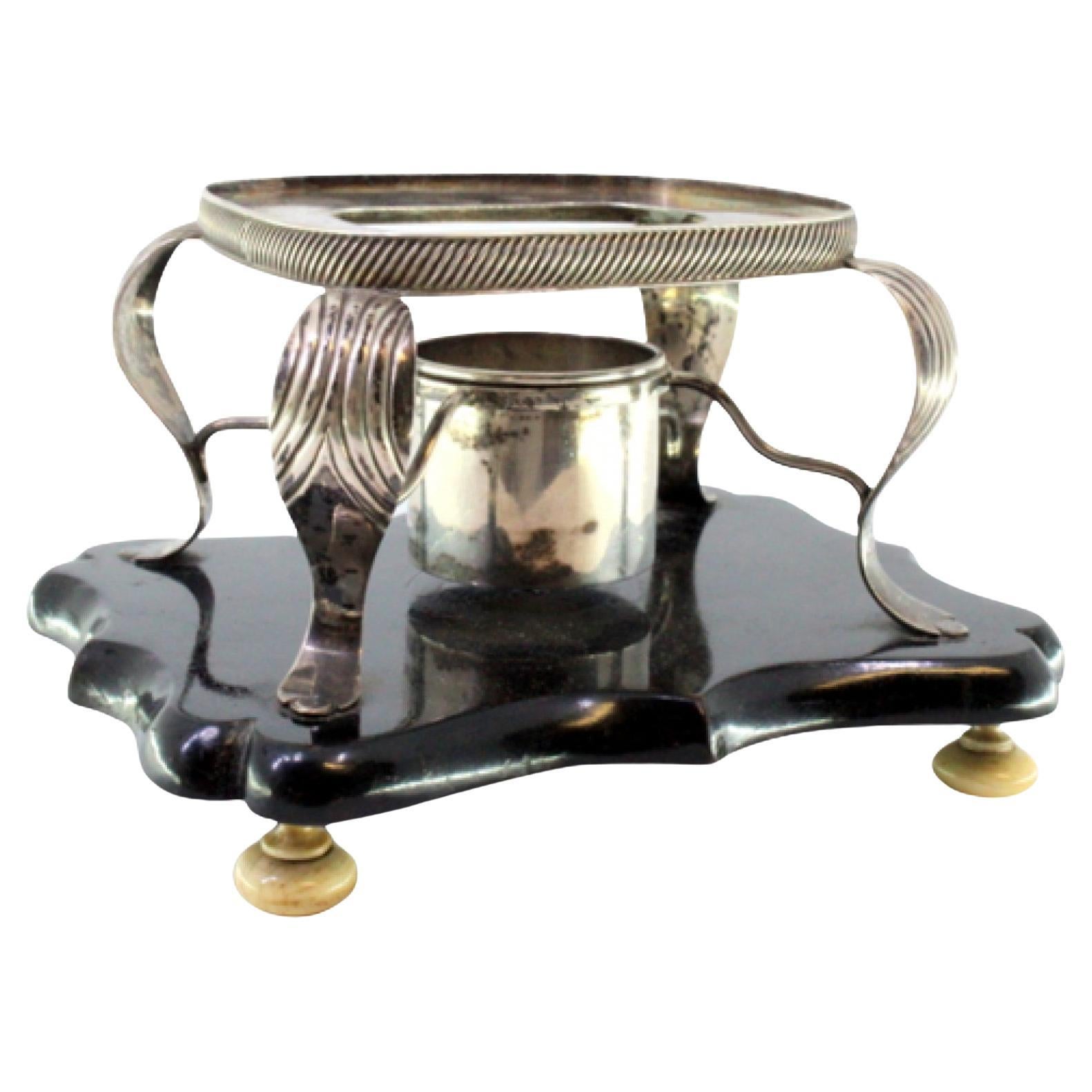 Silver raised lamp/candelabrum on patinated wood base with ivory feet For Sale