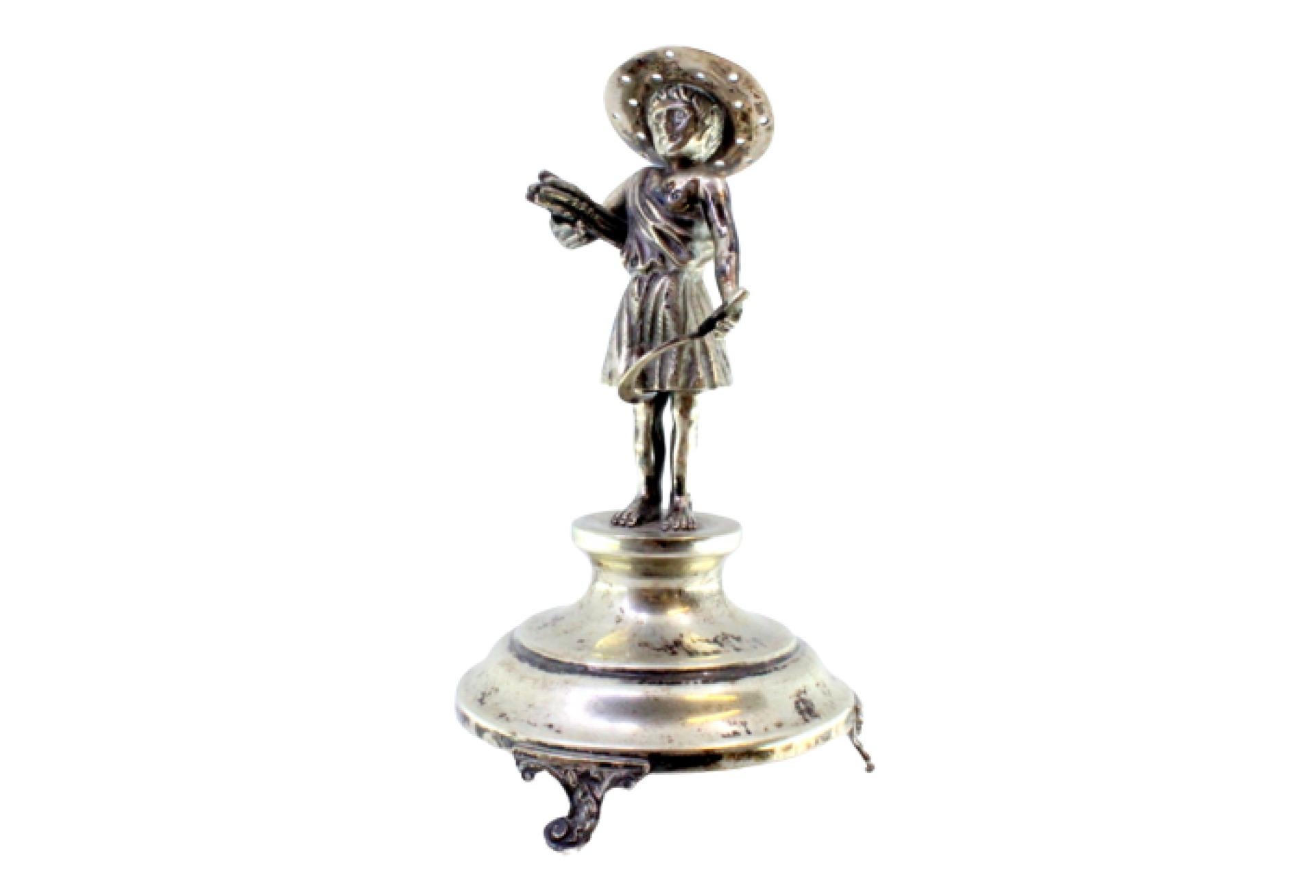 Silver reaper toothpick holder on smooth pedestal with three feet For Sale