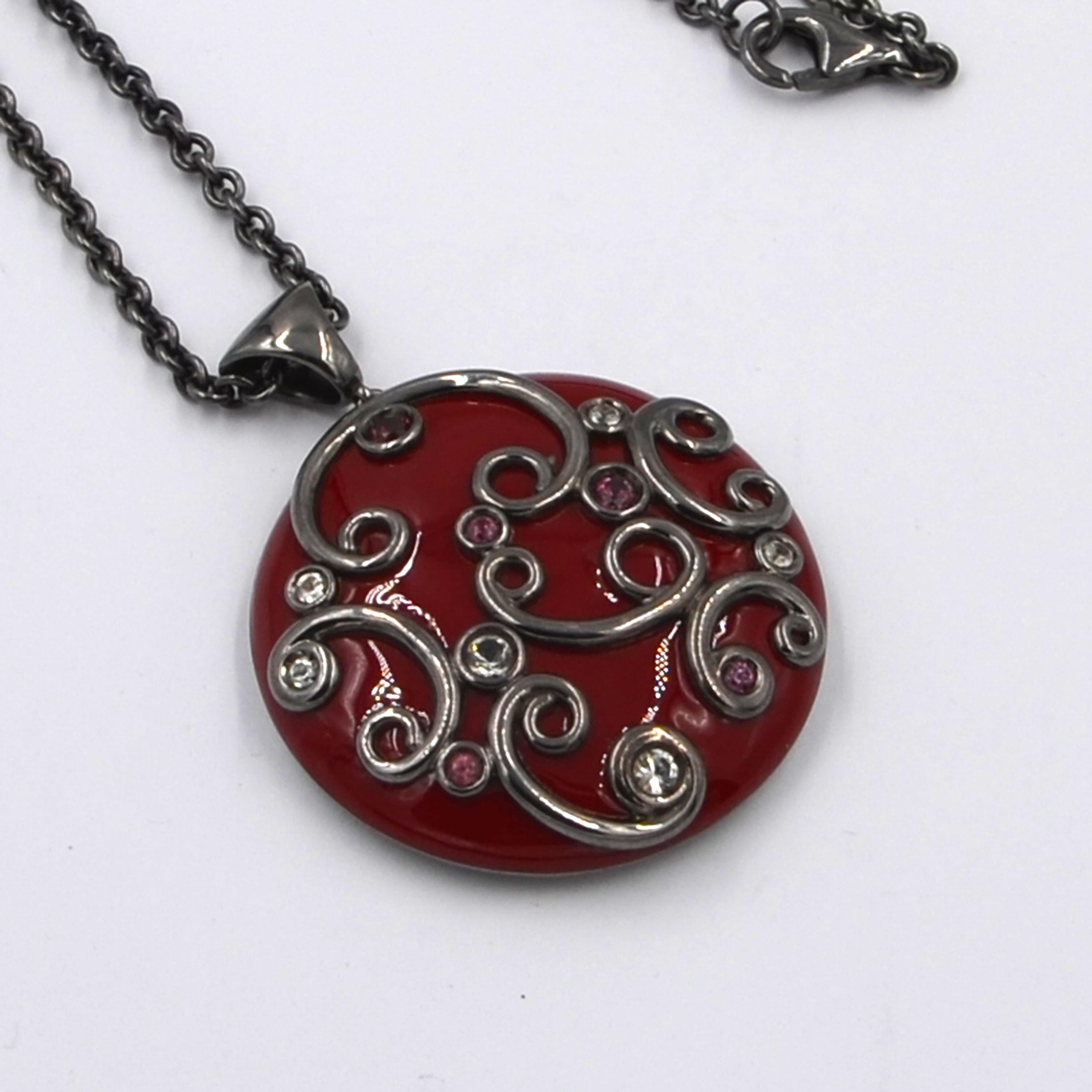 Silver Red Enamel Round Pendant with White Topaz and Garnet For Sale 4