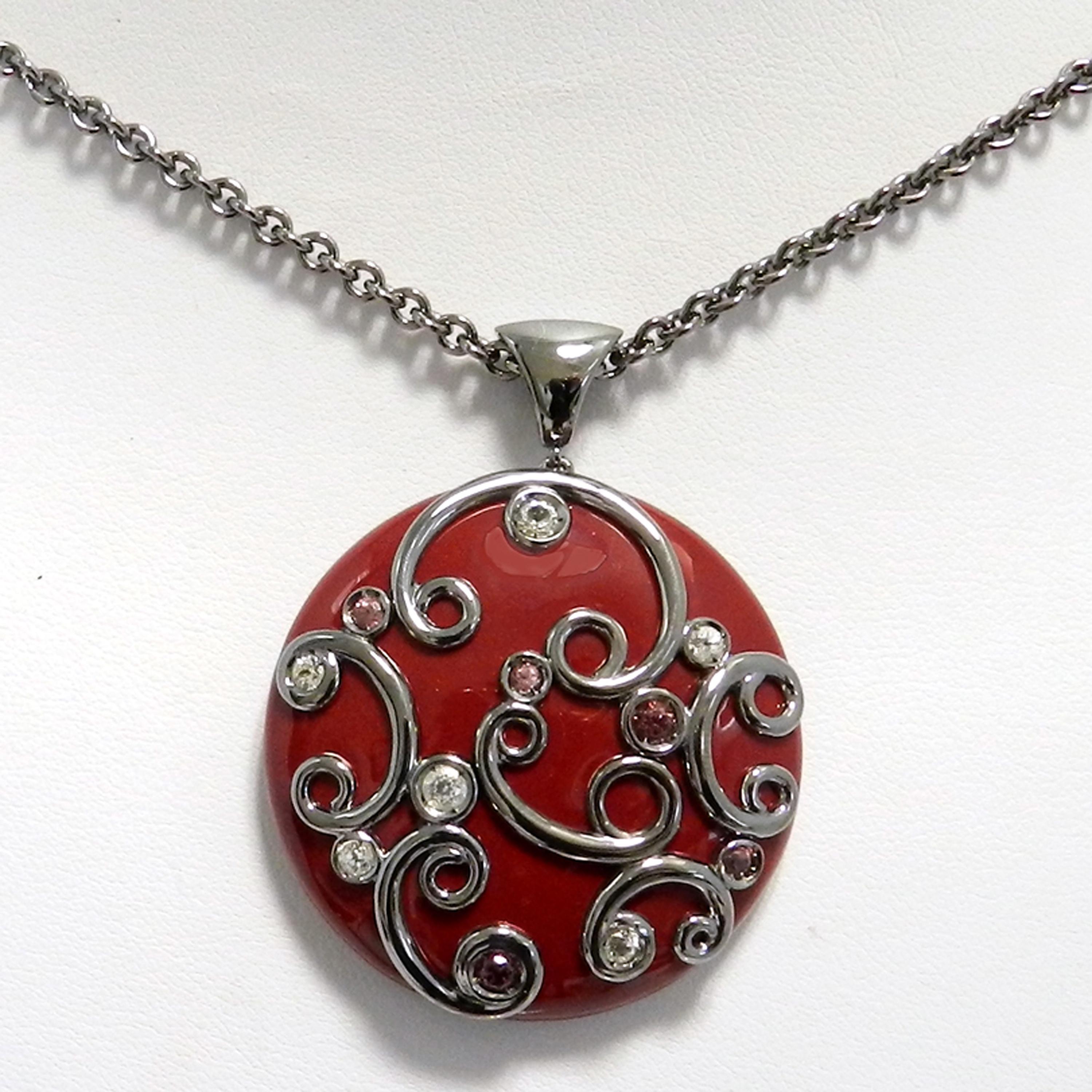 Silver Red Enamel Round Pendant with White Topaz and Garnet For Sale 5