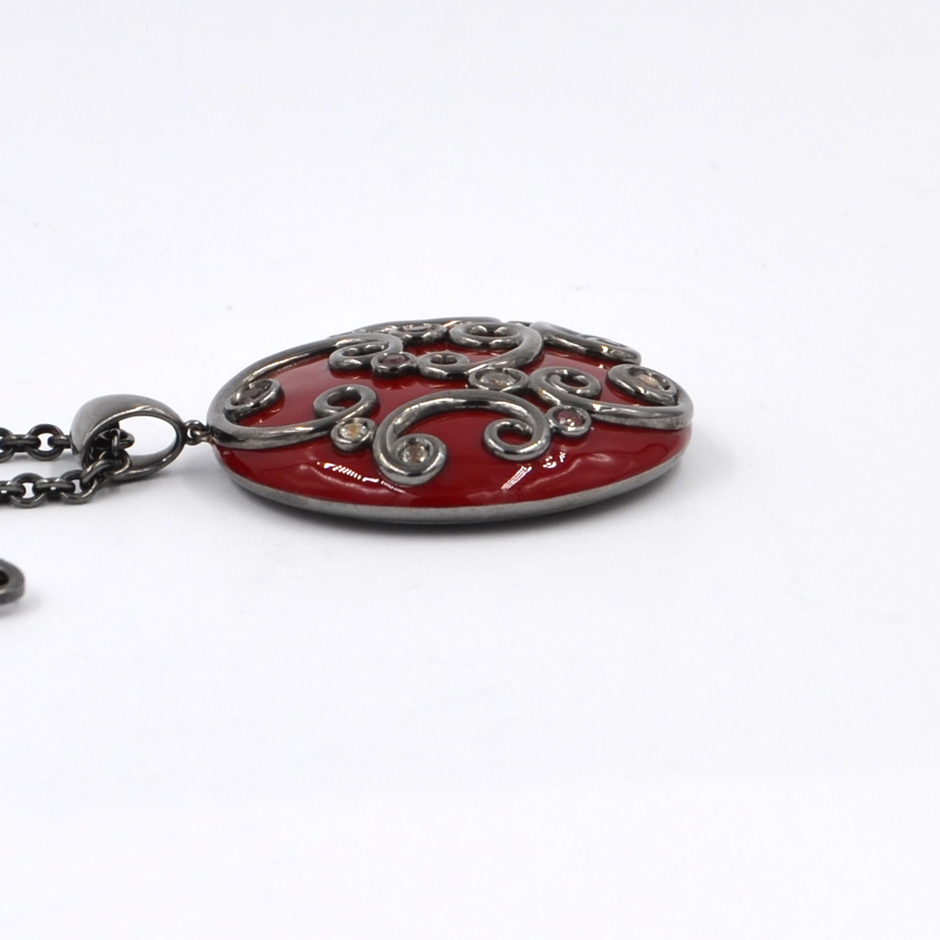 Women's Silver Red Enamel Round Pendant with White Topaz and Garnet For Sale
