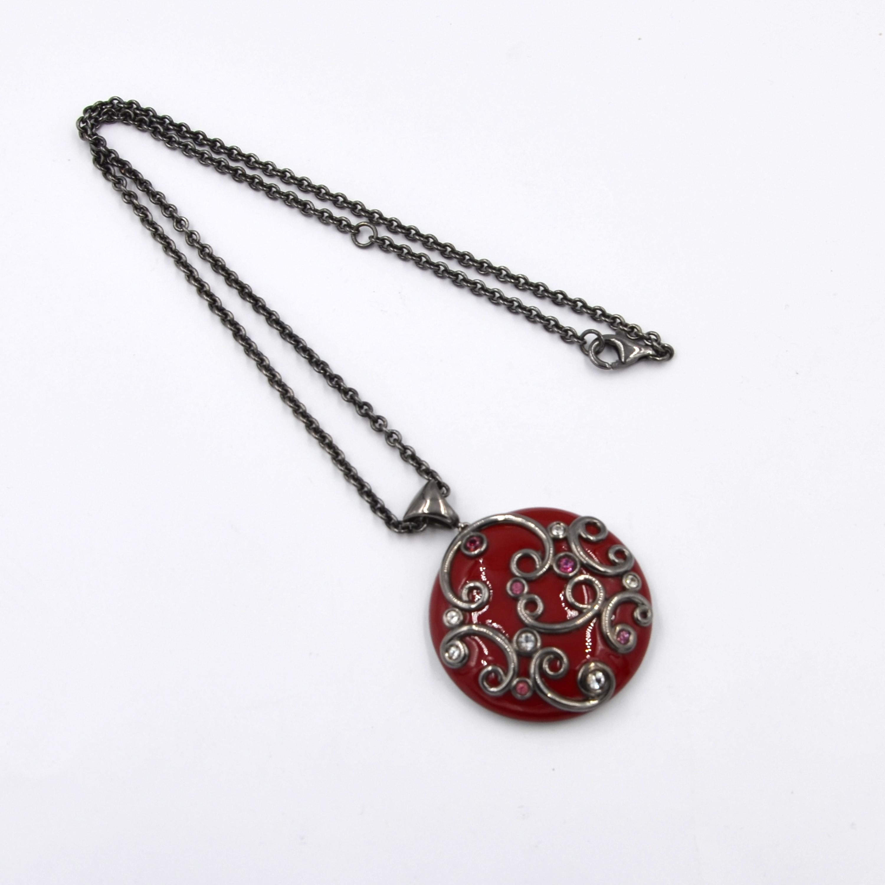 Silver Red Enamel Round Pendant with White Topaz and Garnet For Sale 2