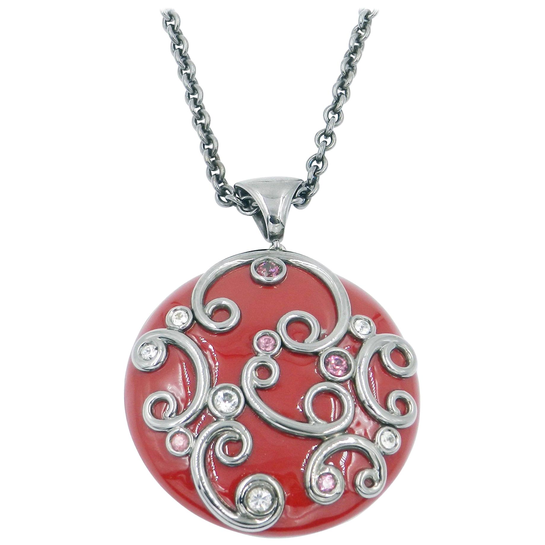 Silver Red Enamel Round Pendant with White Topaz and Garnet