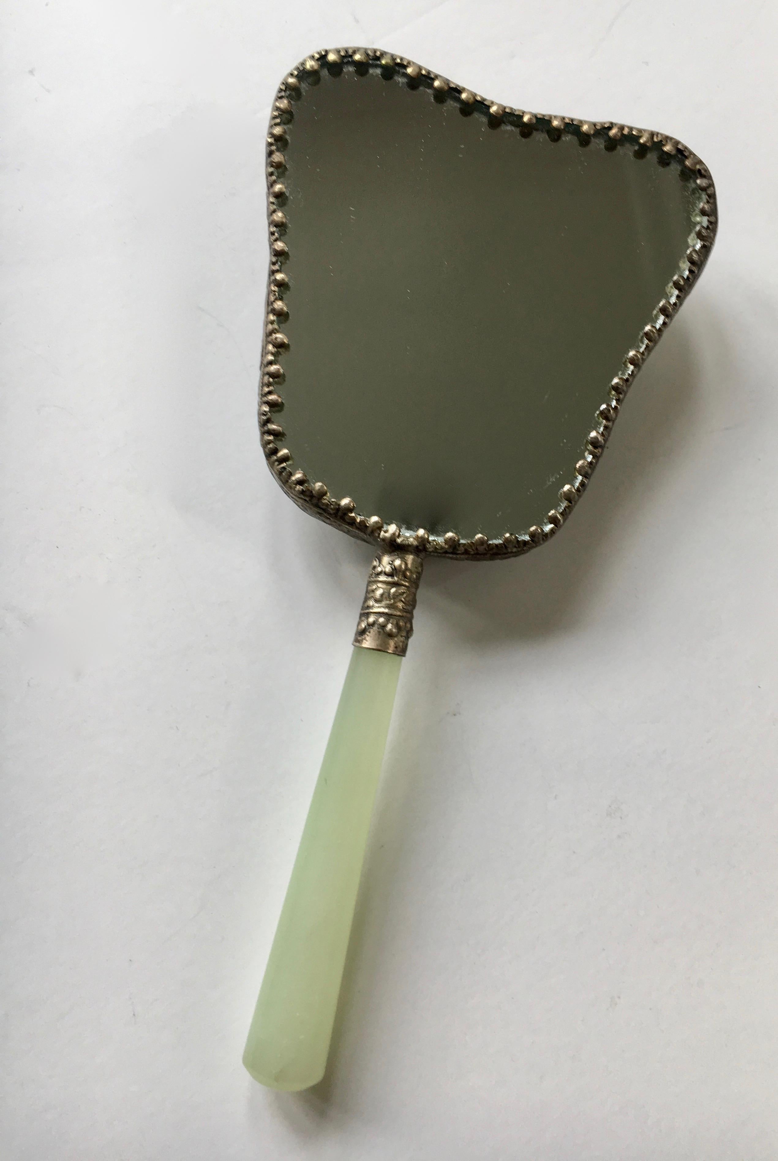 Silver Repousse Asian Hand Mirror with White Jade Handle 1