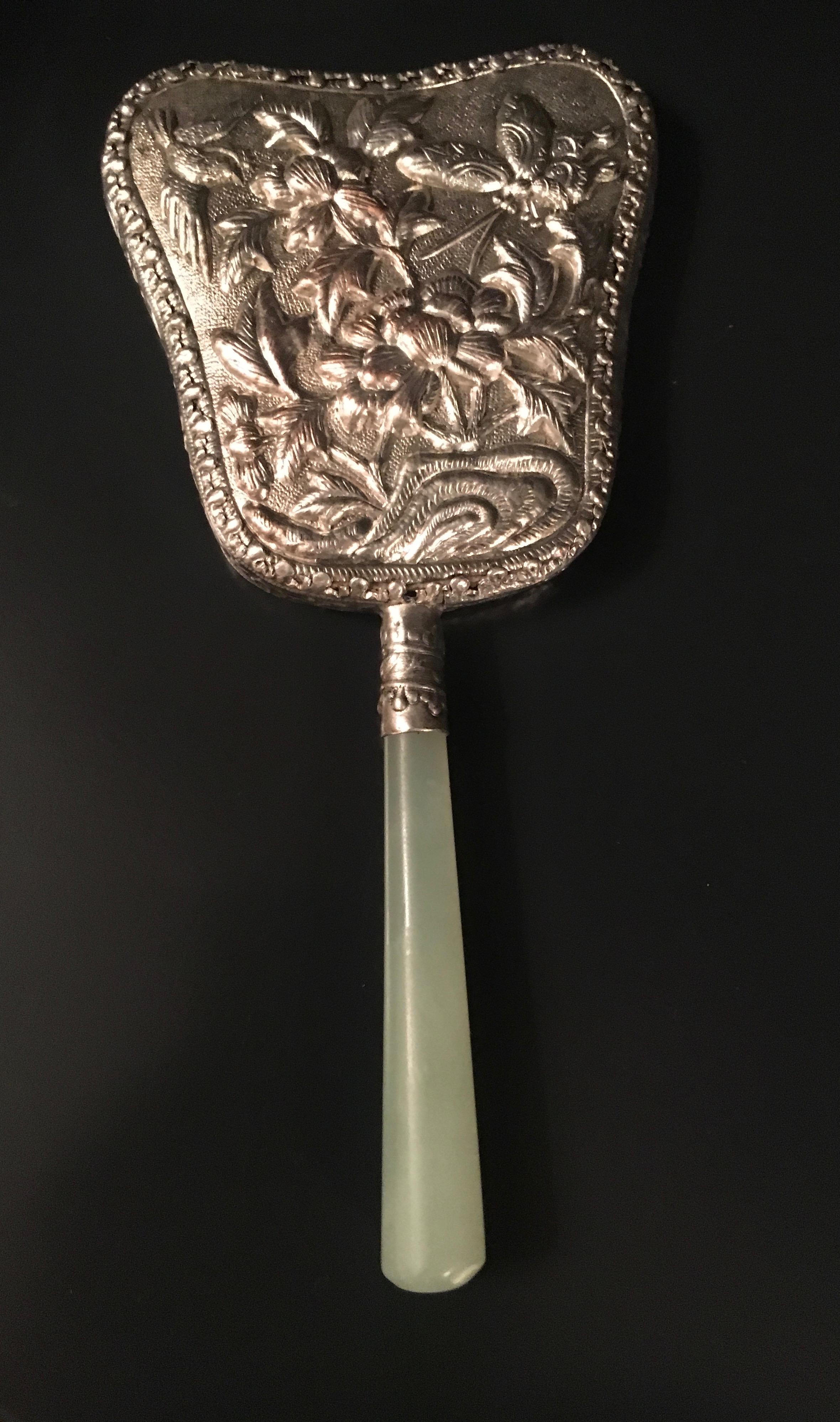 Silver Repousse Asian Hand Mirror with White Jade Handle 3