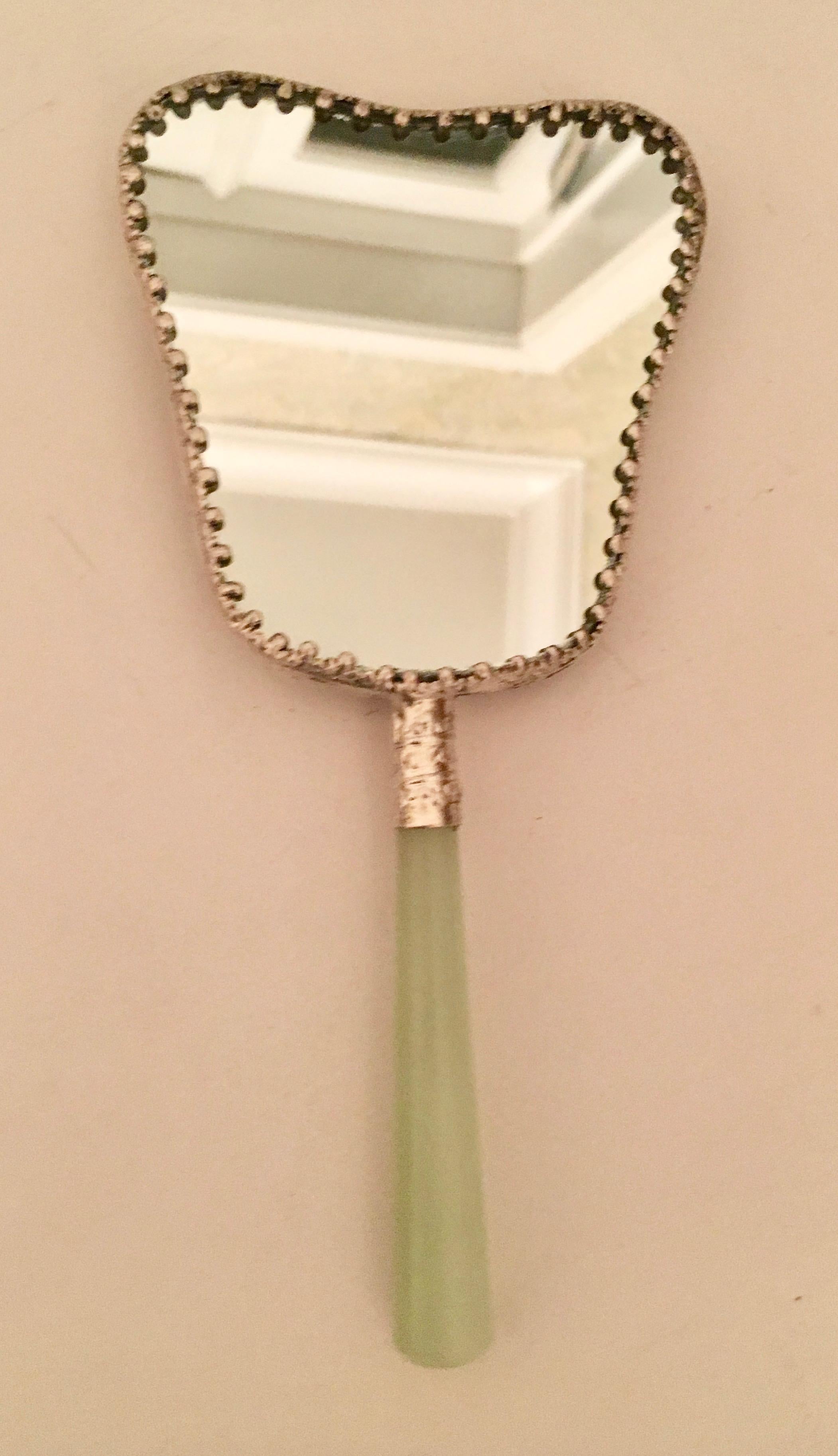 Chinese Silver Repousse Asian Hand Mirror with White Jade Handle