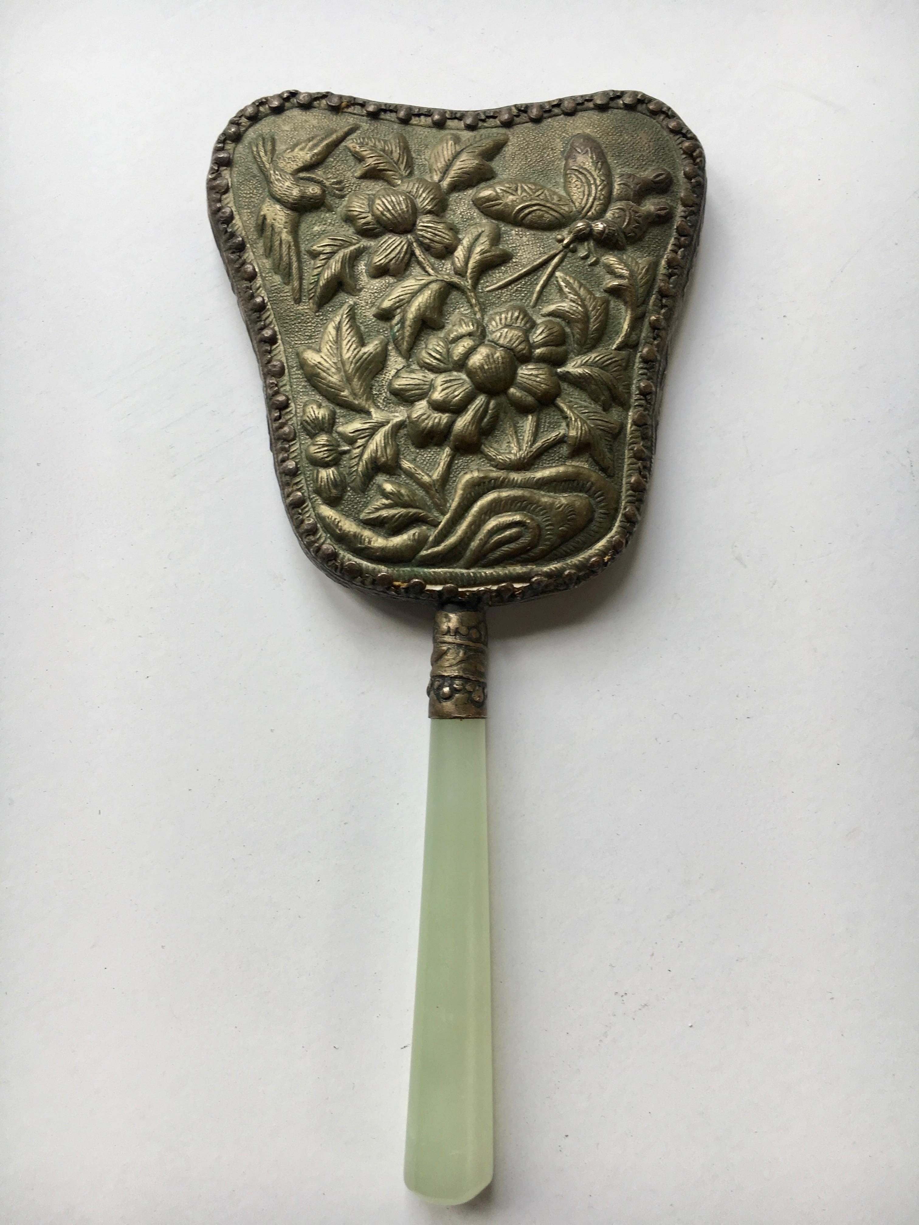 Silver Repousse Asian Hand Mirror with White Jade Handle In Good Condition In Los Angeles, CA