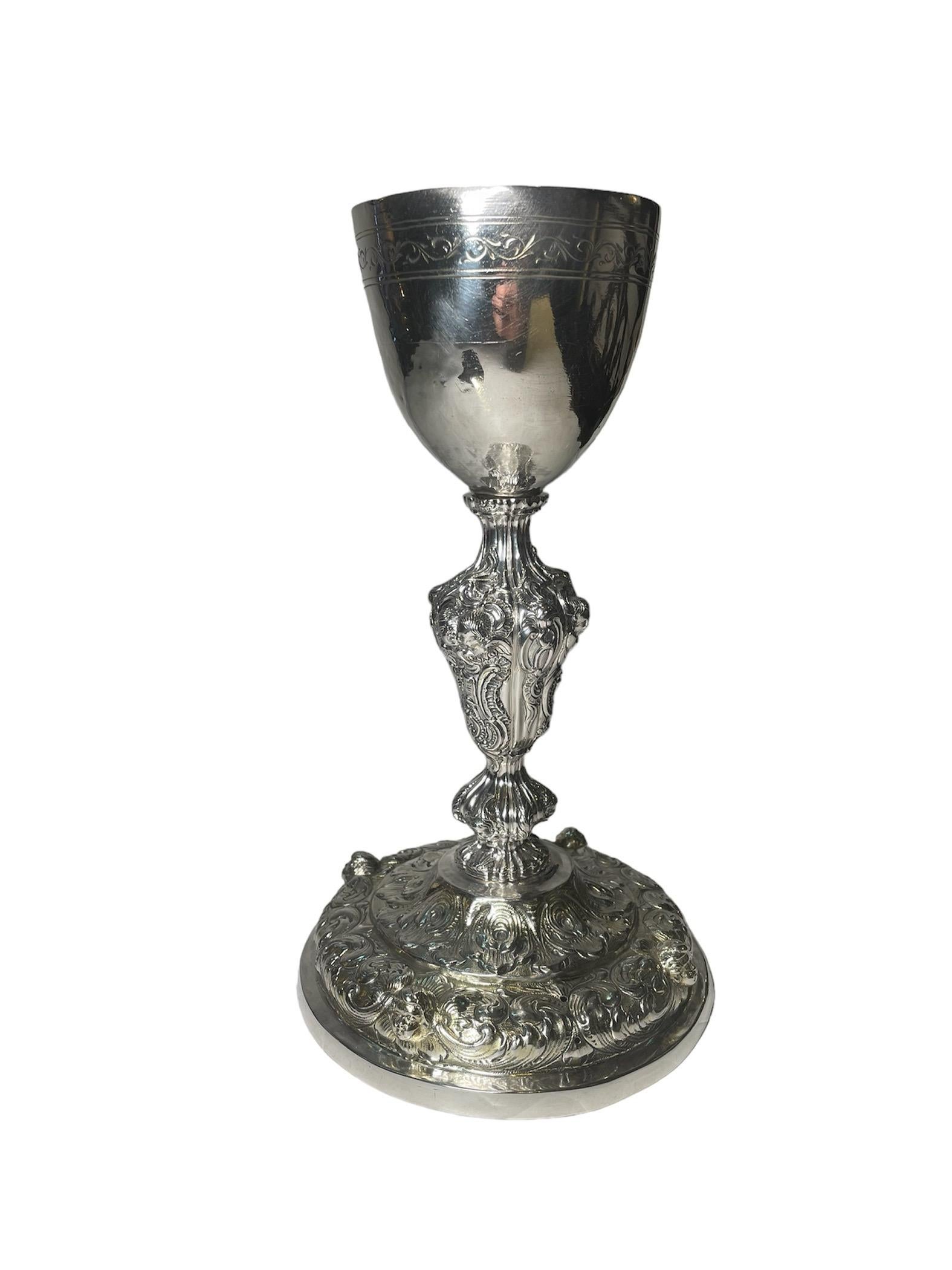 Hand-Crafted Silver Repousse Chalice And Patten For Sale
