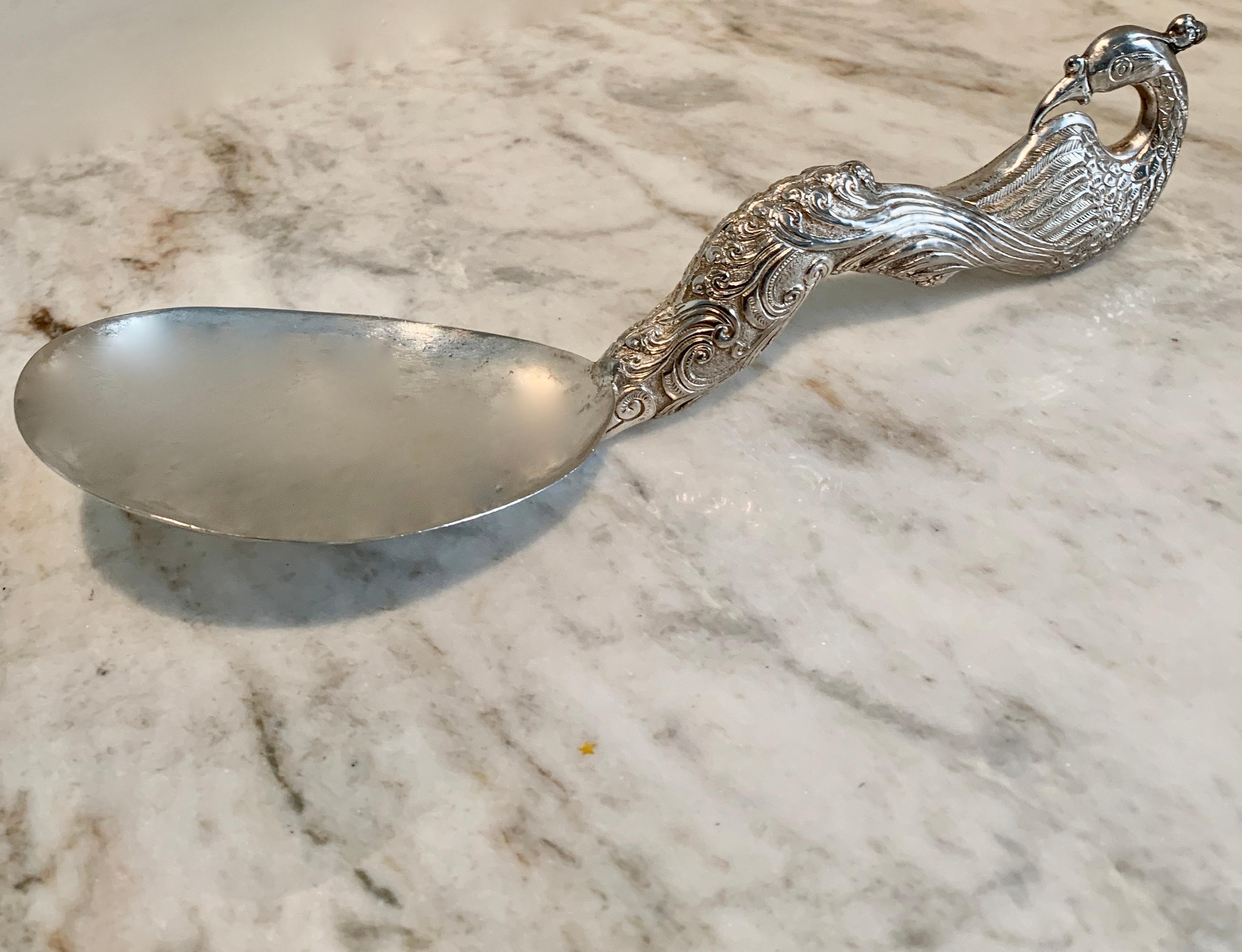 Baroque Revival Silver Repoussé Serving Spoon with Peacock For Sale