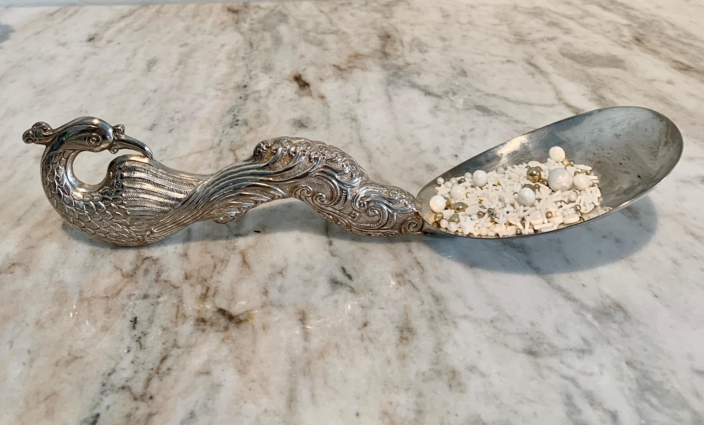 European Silver Repoussé Serving Spoon with Peacock For Sale