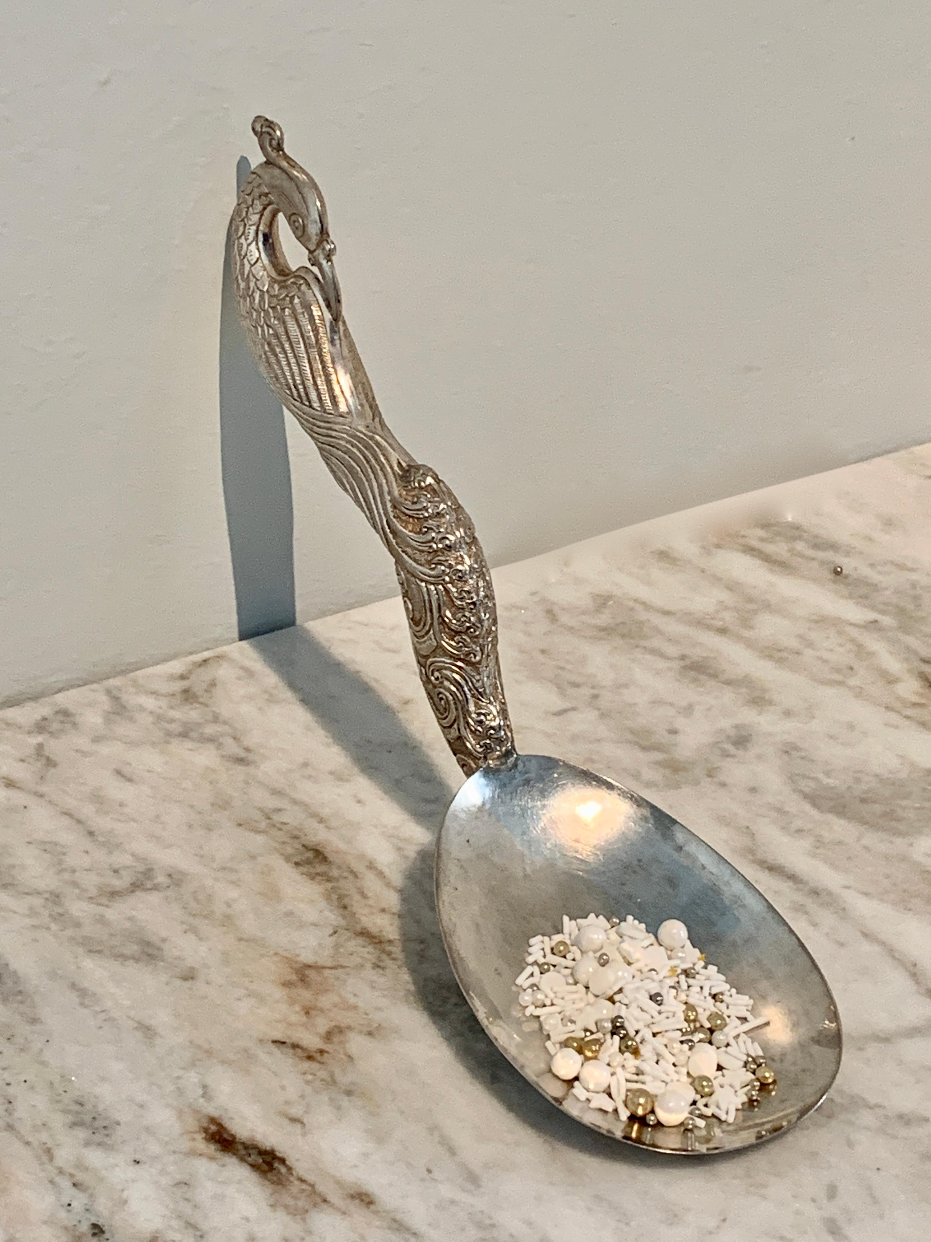 Silver Repoussé Serving Spoon with Peacock For Sale 1