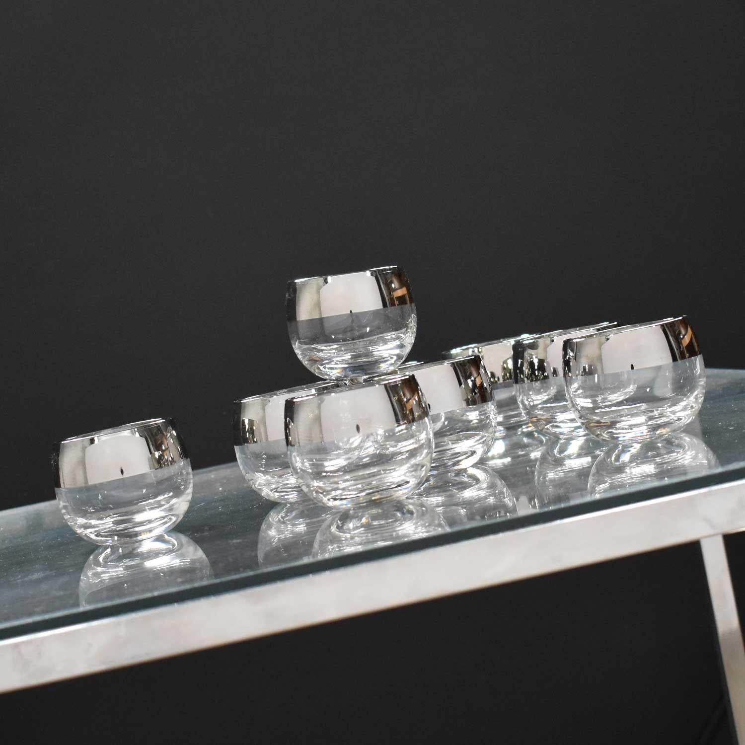 Mid-Century Modern Silver Rimmed Roly Poly Cocktail Glasses Style of Dorothy Thorpe, Set of 9