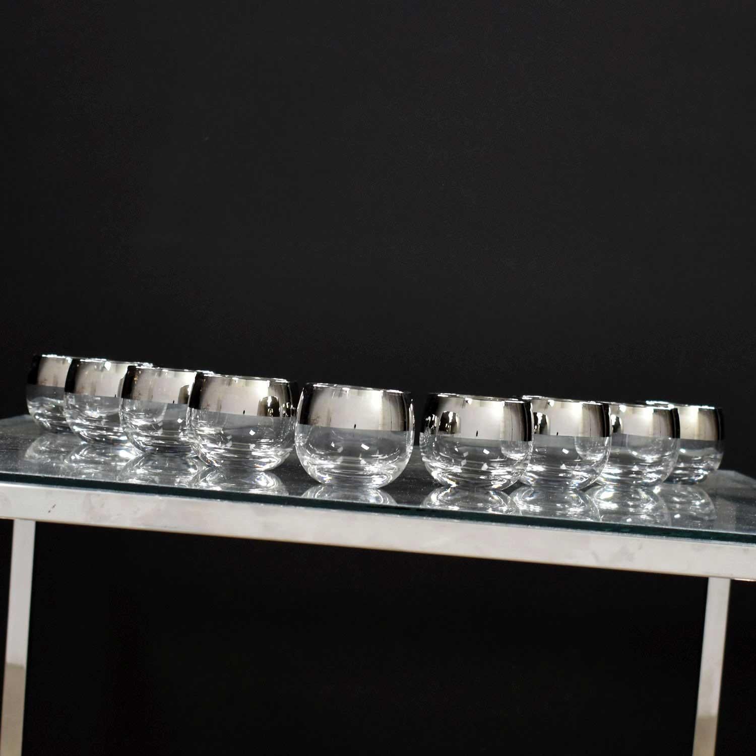 Silver Rimmed Roly Poly Cocktail Glasses Style of Dorothy Thorpe, Set of 9 1