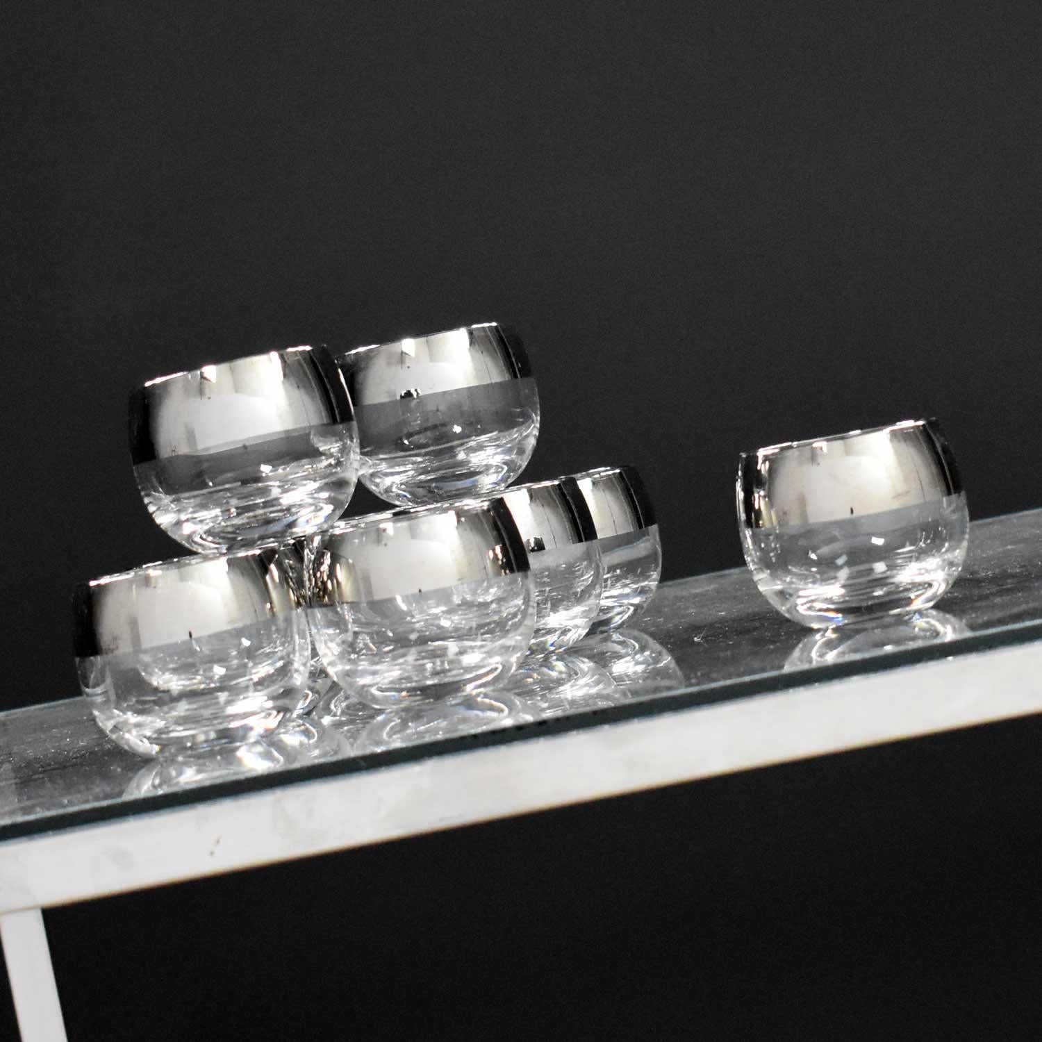 Silver Rimmed Roly Poly Cocktail Glasses Style of Dorothy Thorpe, Set of 9 2