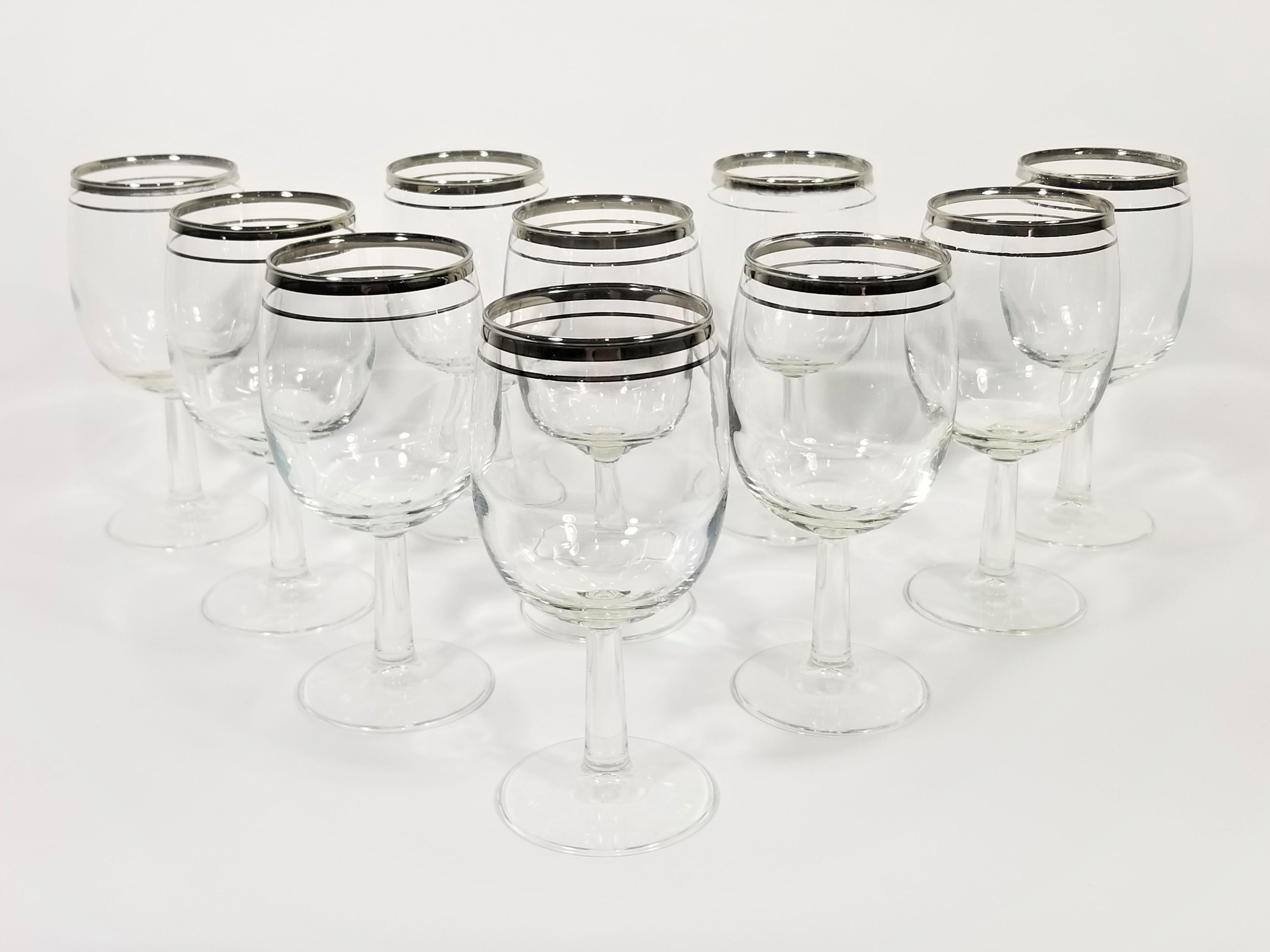 Set of 10 1960s midcentury silver rimmed stemware / wine glasses.