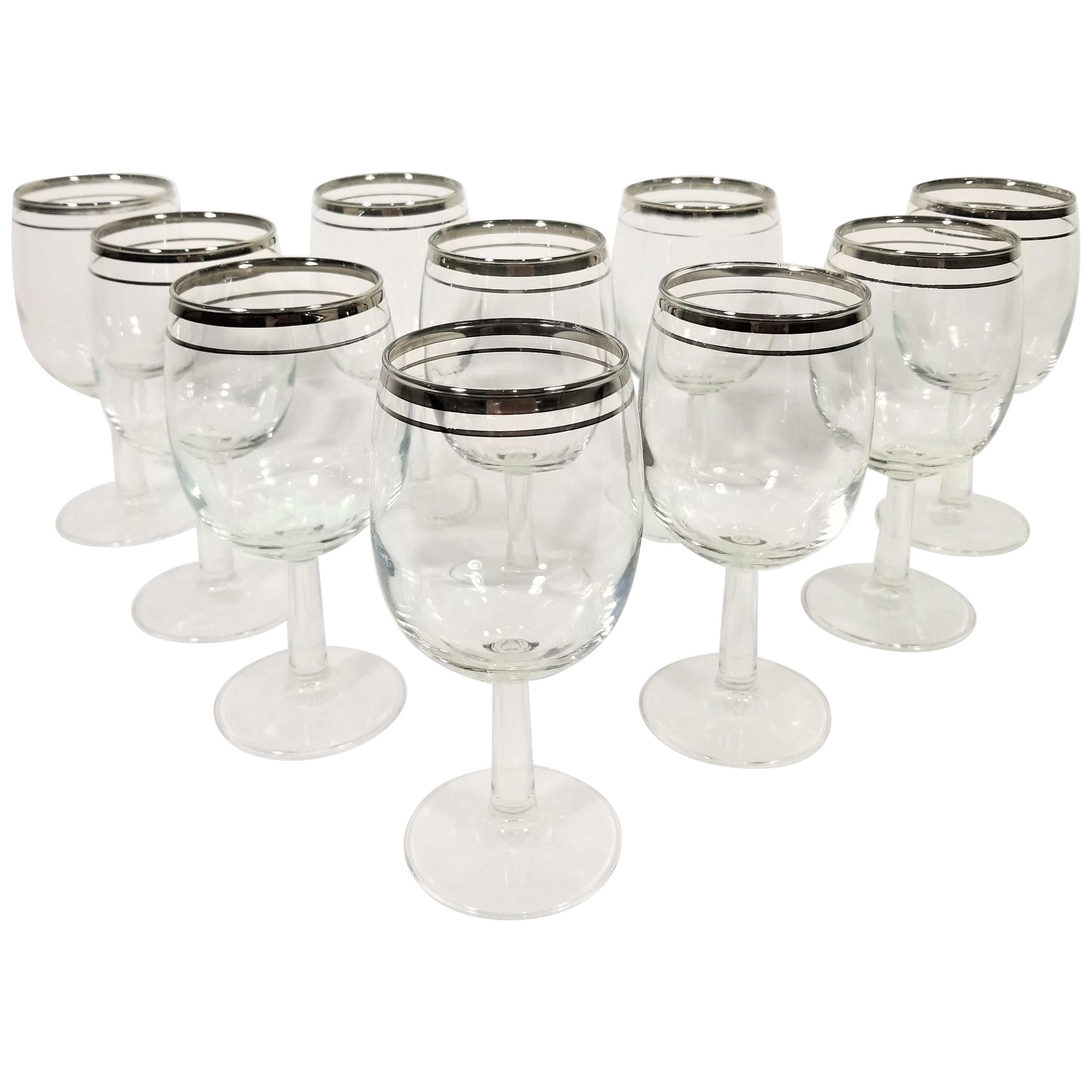 Silver Rimmed Stemware Wine Glasses Midcentury Set of 10 For Sale