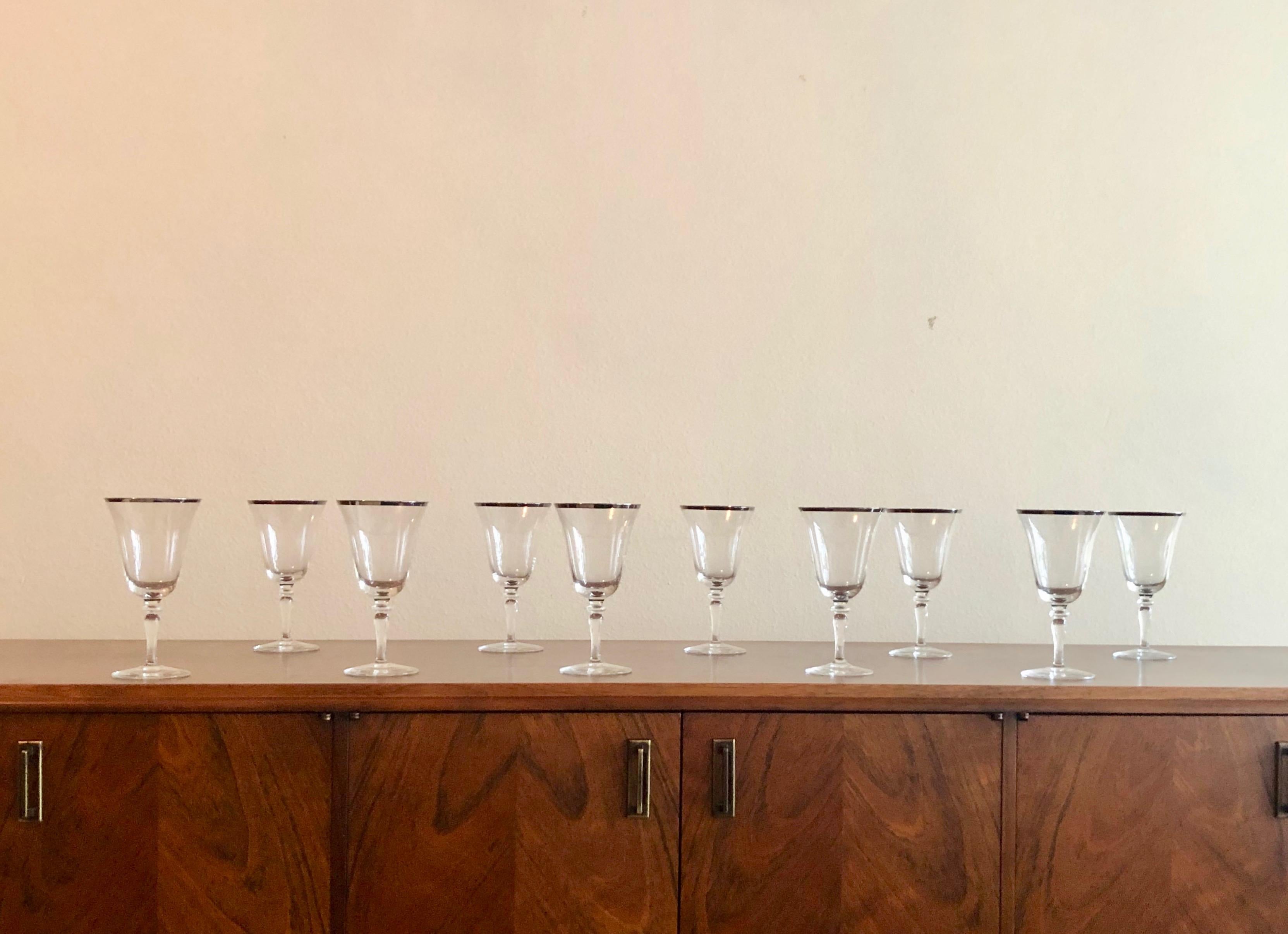 Mid-Century Modern Silver Rimmed Wine Glasses, Set of 10