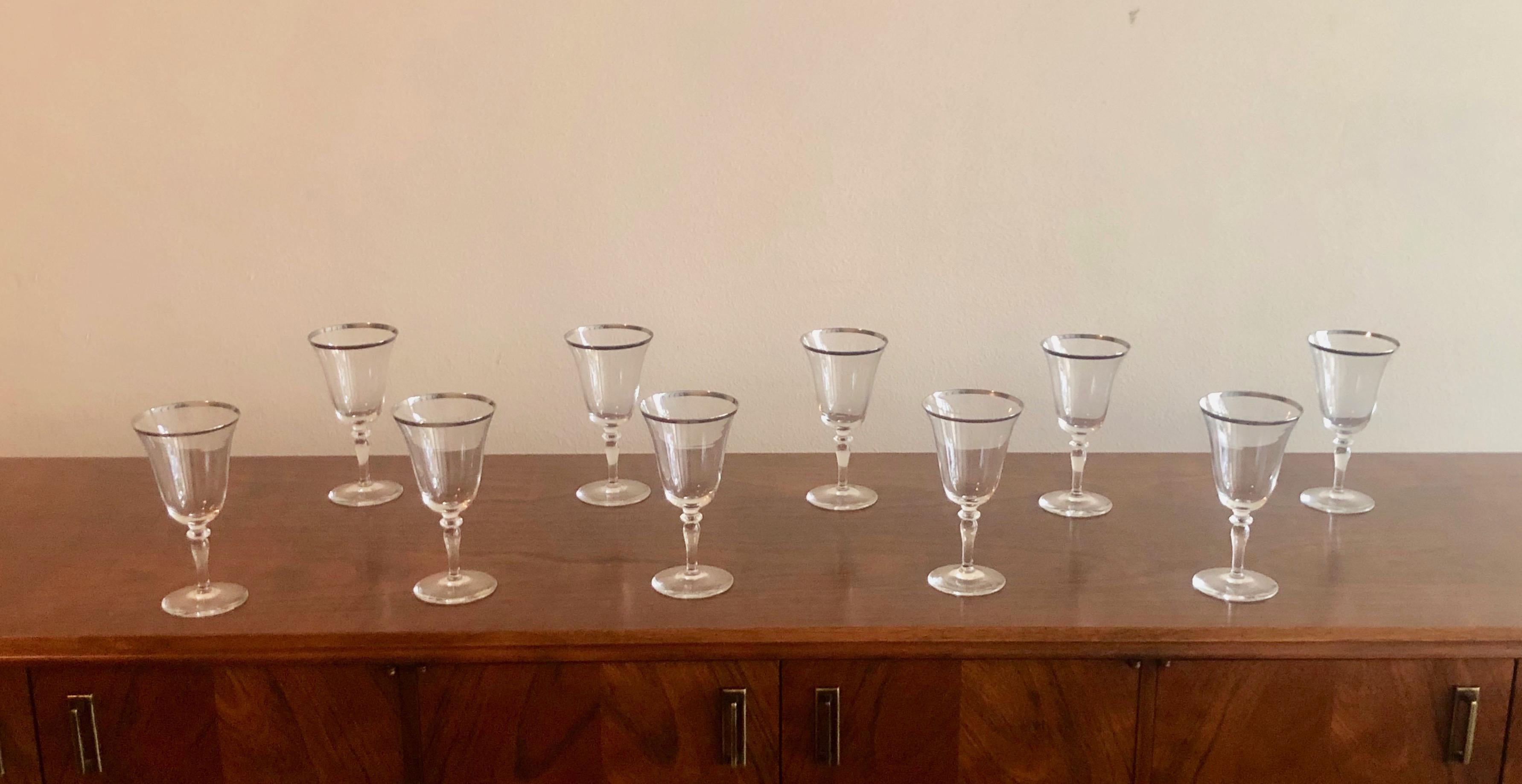 Mid-20th Century Silver Rimmed Wine Glasses, Set of 10