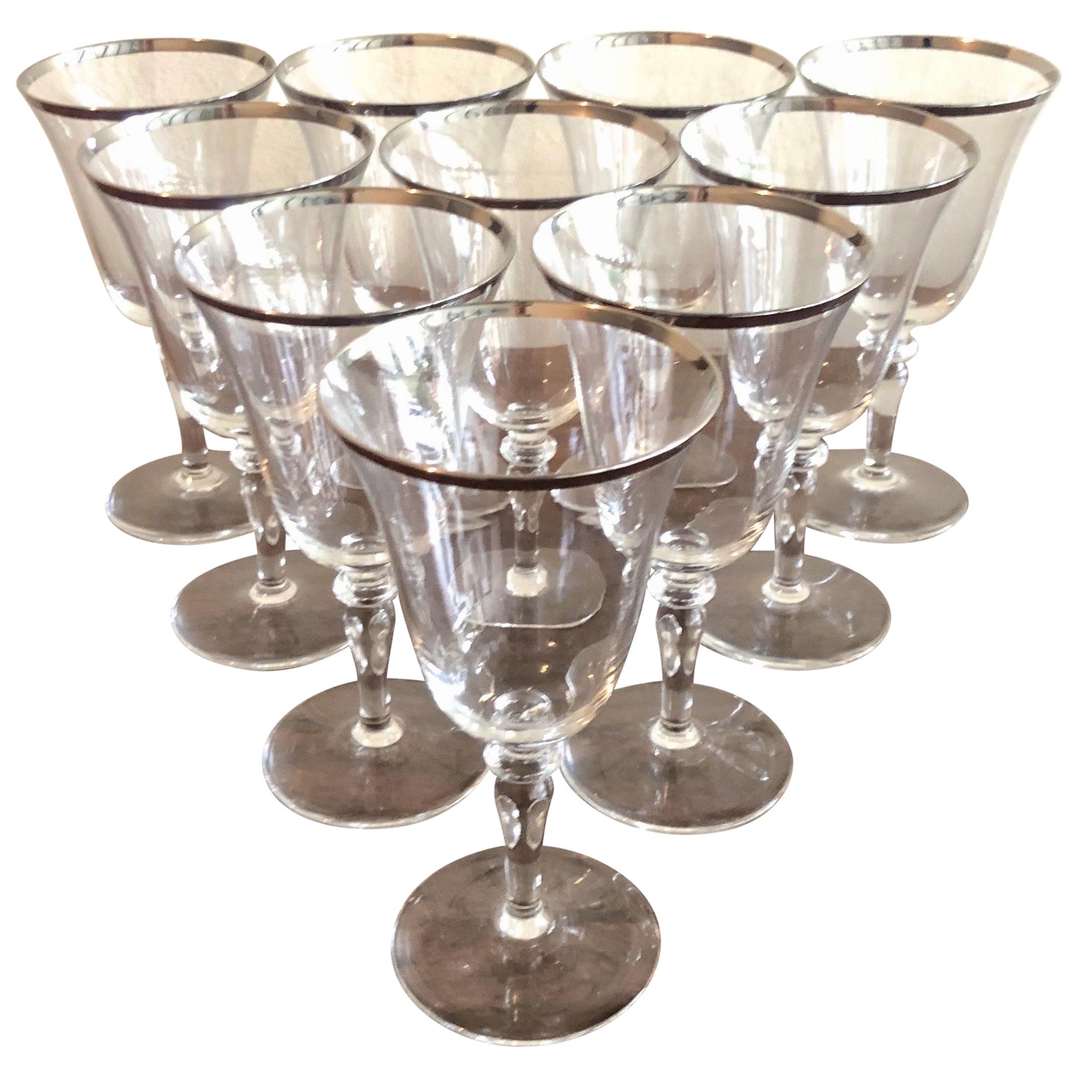 Silver Rimmed Wine Glasses, Set of 10