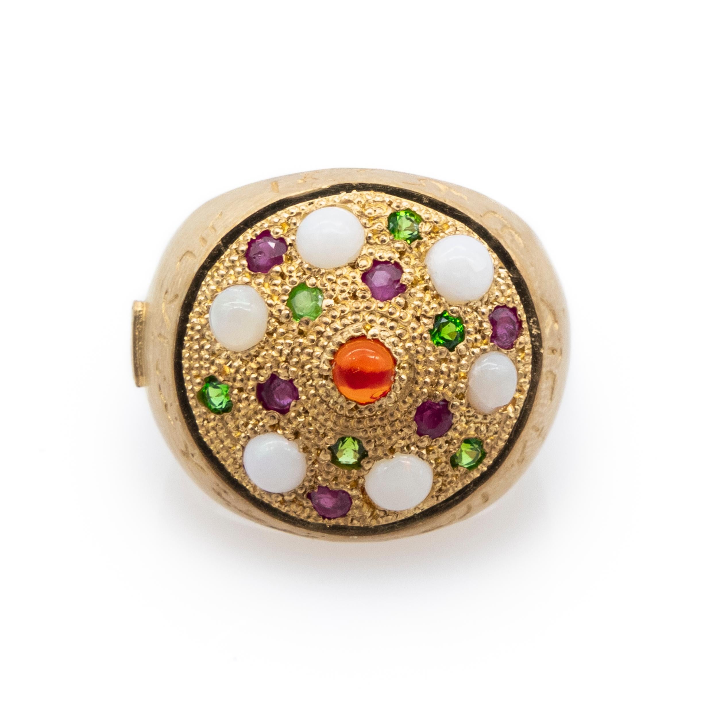 Modern Silver Ring Gold Plate White Opals Red Fire Opal Emeralds Rubies Vicente Gracia