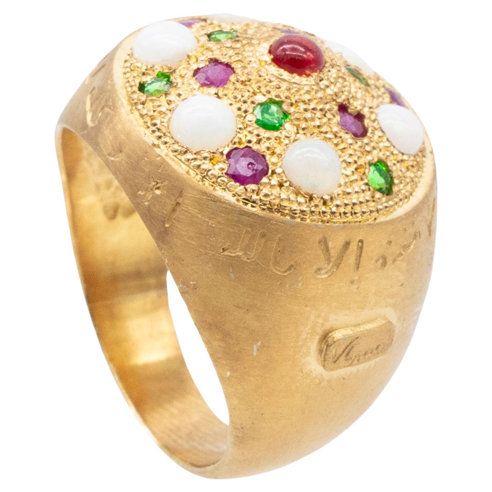 Silver Ring Gold Plate White Opals Red Fire Opal Emeralds Rubies Vicente Gracia