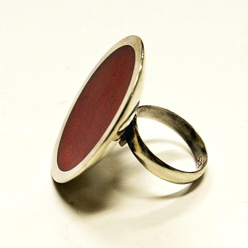 Unknown Vintage Silver Ring with a Big Red Round Plate, 1970s