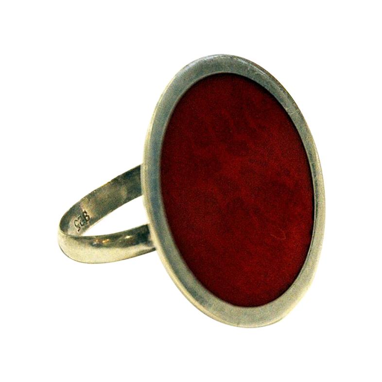 Vintage Silver Ring with a Big Red Round Plate, 1970s