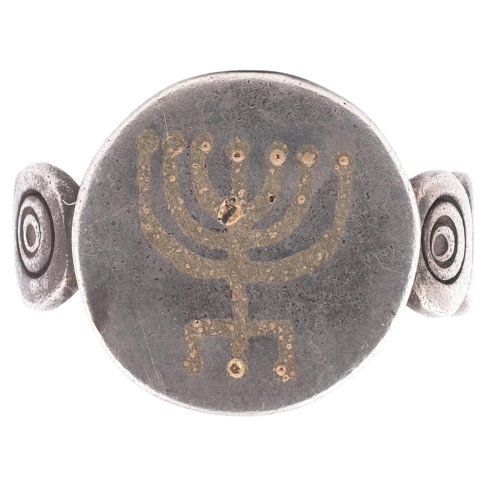 Silver Ring With A Gold Coloured Jewish Menorah For Sale