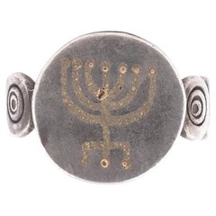 Used Silver Ring With A Gold Coloured Jewish Menorah