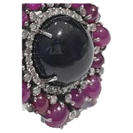 Contemporary Silver Ring with Diamonds Ruby and Spinel For Sale