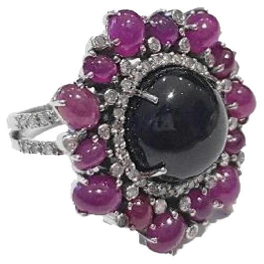 Silver Ring with Diamonds Ruby and Spinel For Sale