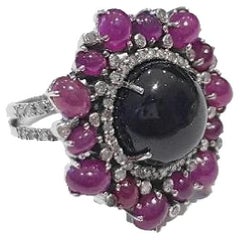 Silver Ring with Diamonds Ruby and Spinel