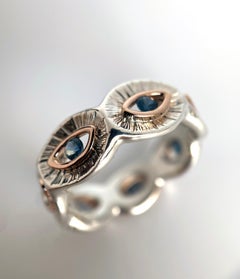 Silver Ring with Sapphires and Gold Anniversary Gift Ready to Ship