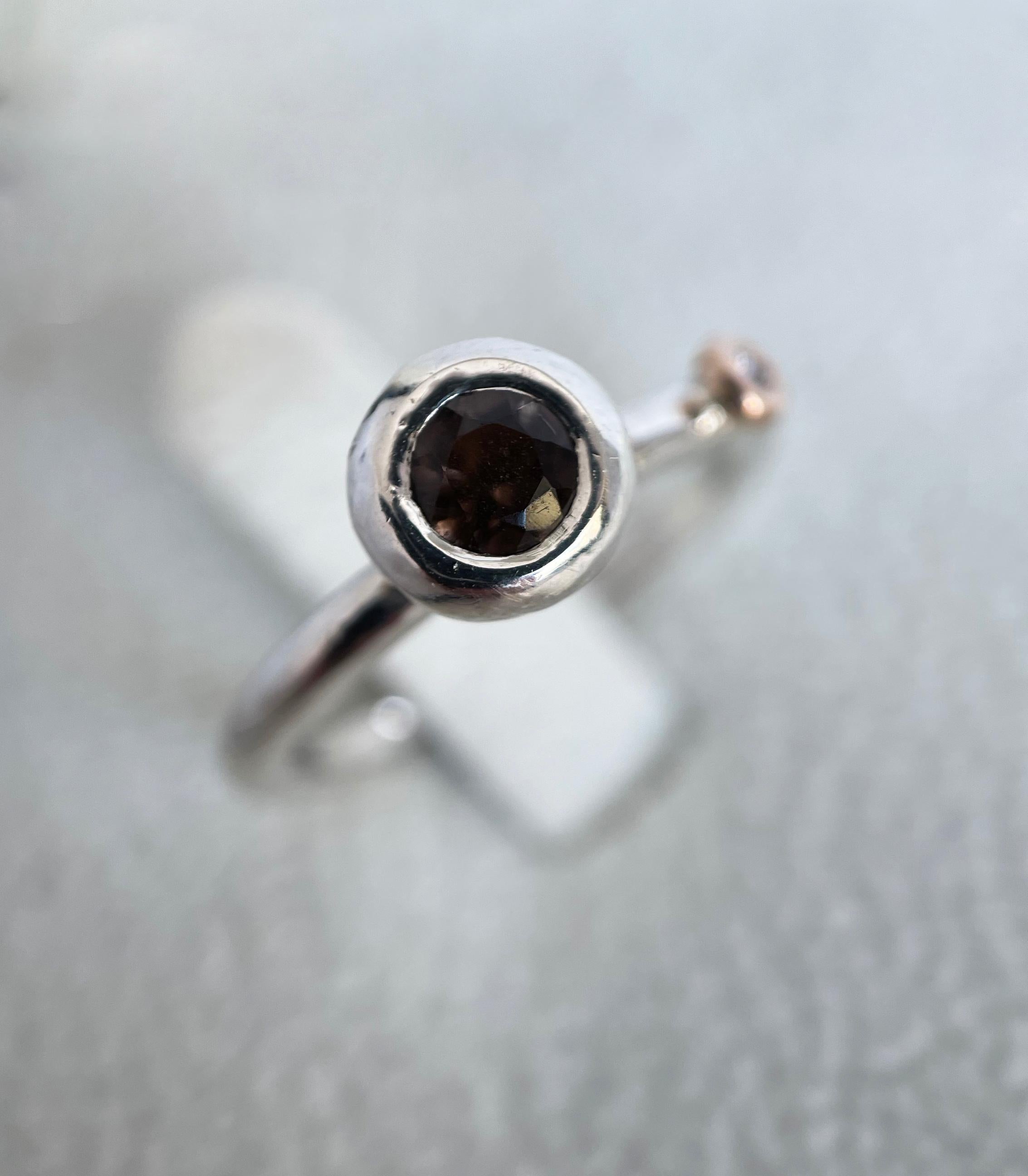 Silver Ring with Smoky Quartz, Zircon and Gold Detail - Ready to Ship In New Condition For Sale In Kaunas, LT