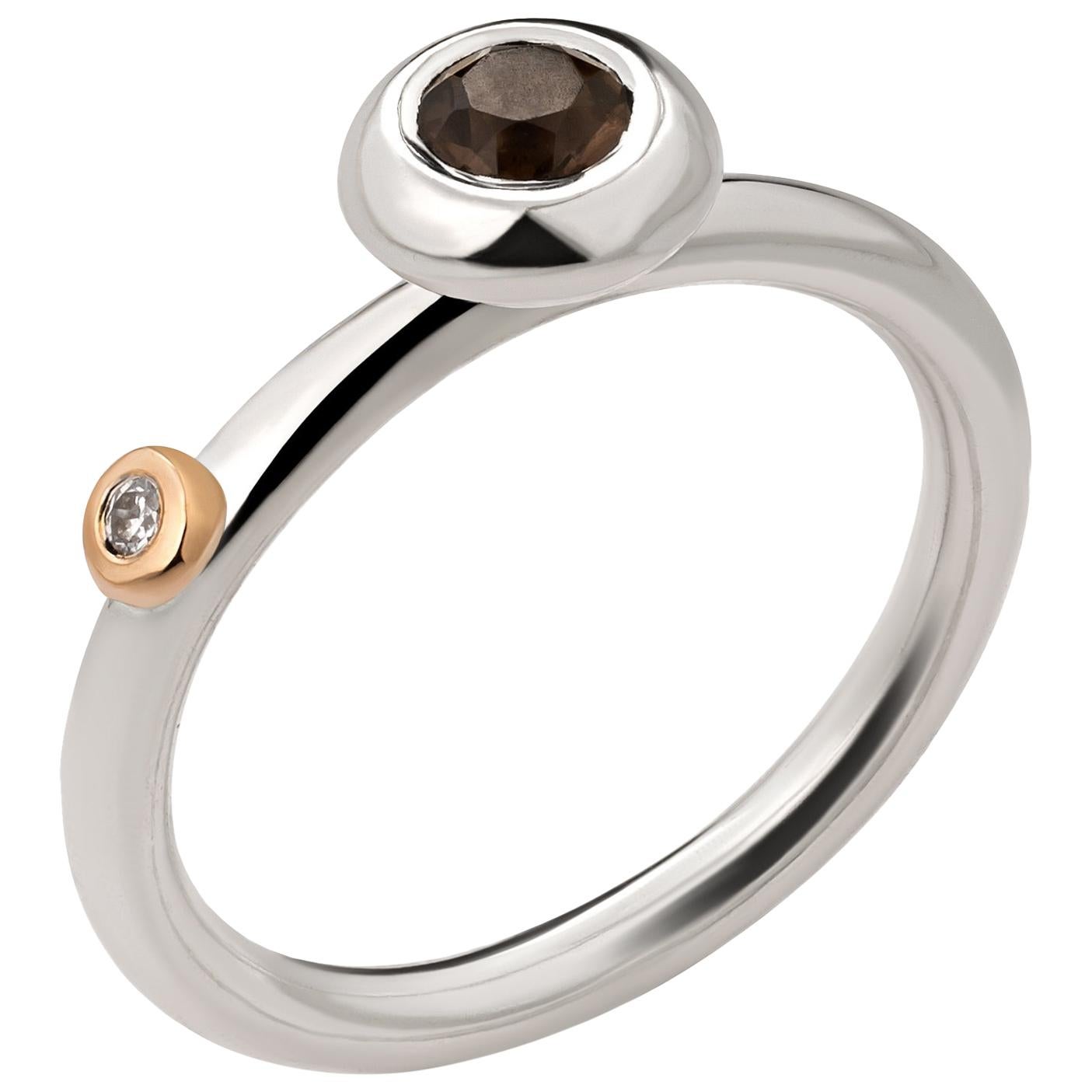 Silver Ring with Smoky Quartz, Zircon and Gold Detail - Ready to Ship For Sale