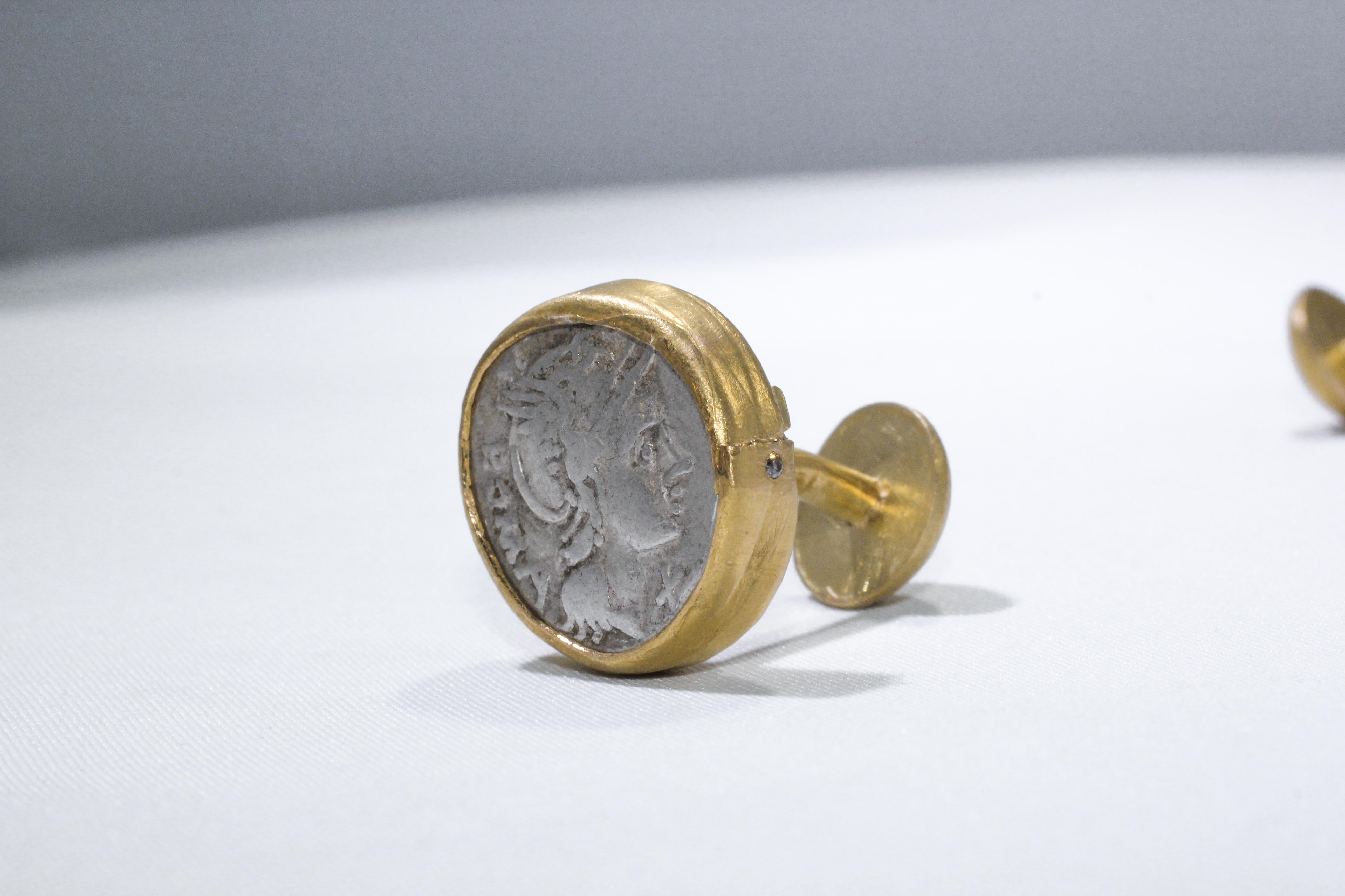 Contemporary Silver Roman Coins 22-21 Karat Gold Cufflinks with Diamonds Cufflinks 18 Karat For Sale