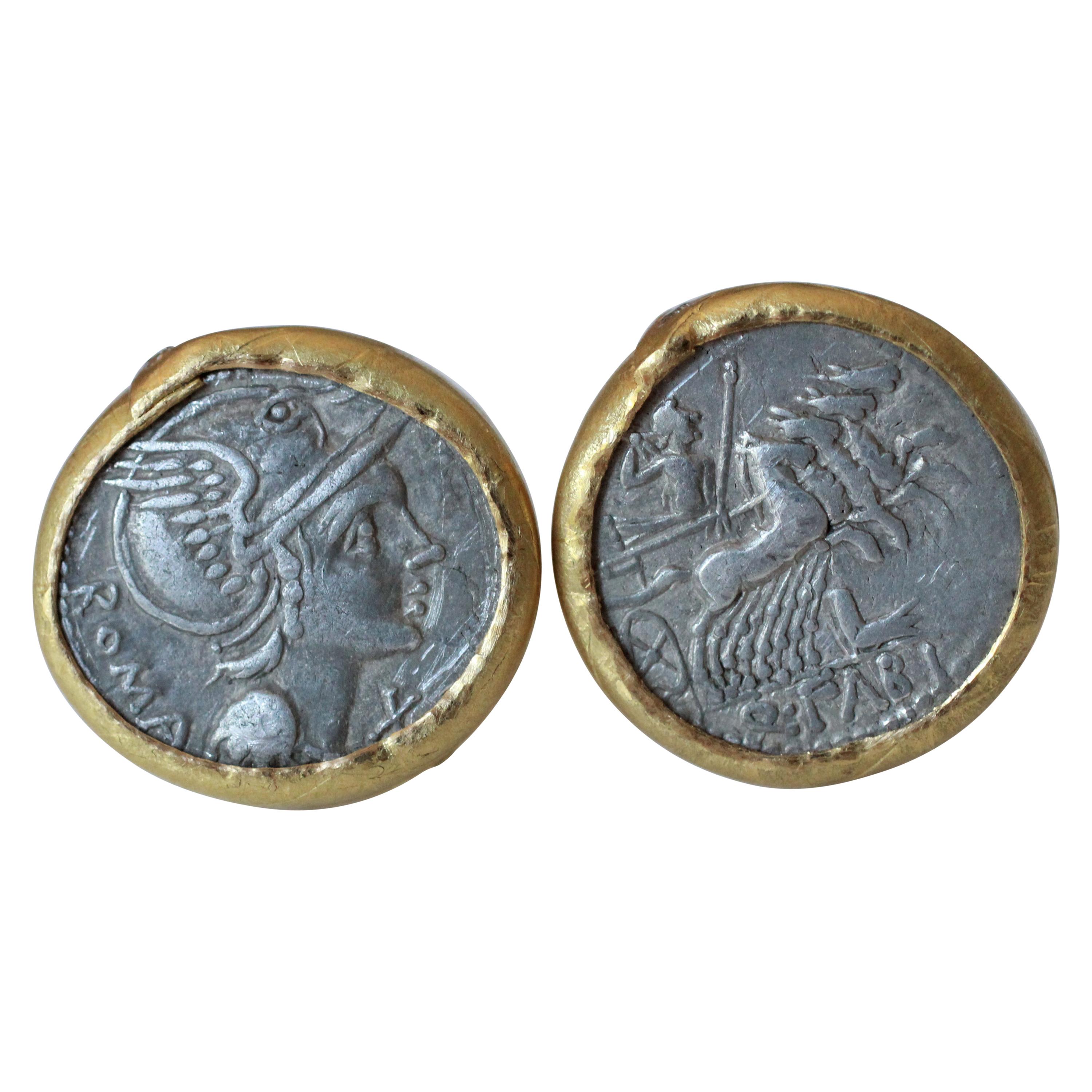 Silver Roman Coins 22-21 Karat Gold Cufflinks with Diamonds Cufflinks 18 Karat