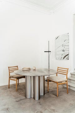 Silver Root Steel Base and Bianco Carrara Top Dining Table by Caia Leifsdotter