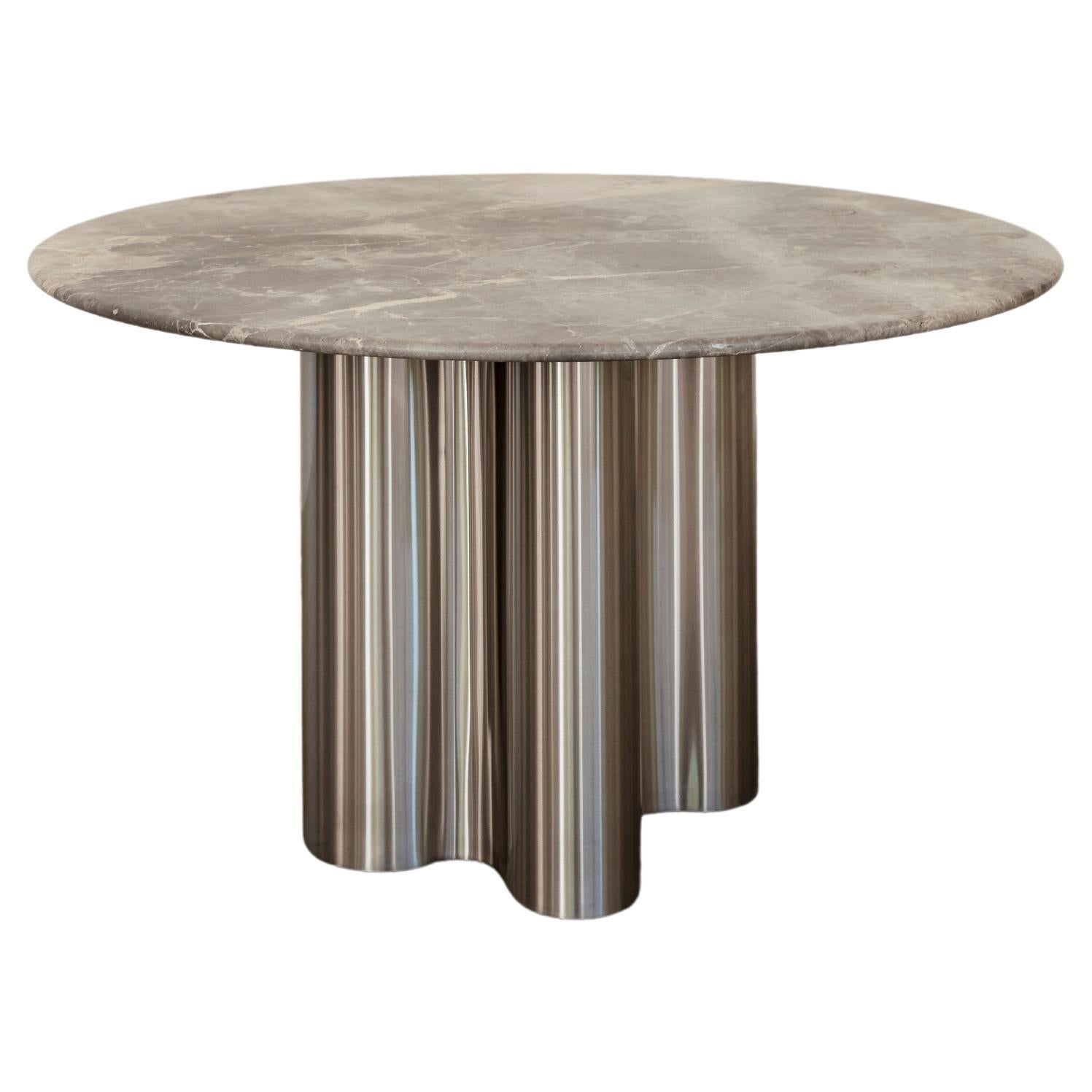 Silver Root Steel Base and Bianco Carrara Top Dining Table by Caia Leifsdotter