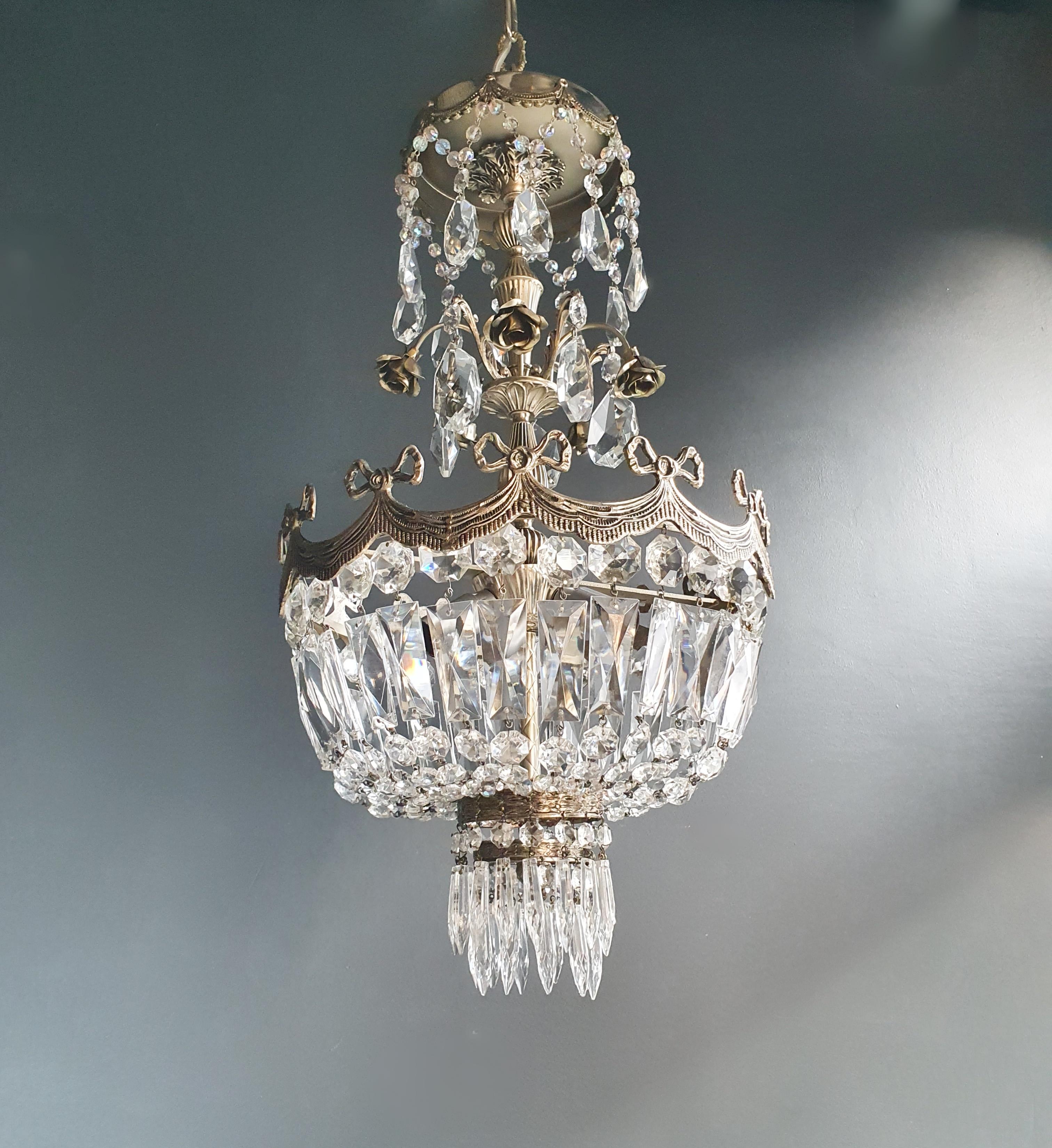 Silver rose brass crystal chandelier antique ceiling lamp lustre Art Nouveau

Measures: Total height 90 cm, height without chain 55 cm diameter 33 cm. Weight (approximately) 7kg.

Number of lights: 3-light bulb sockets: E14
Material: Brass,