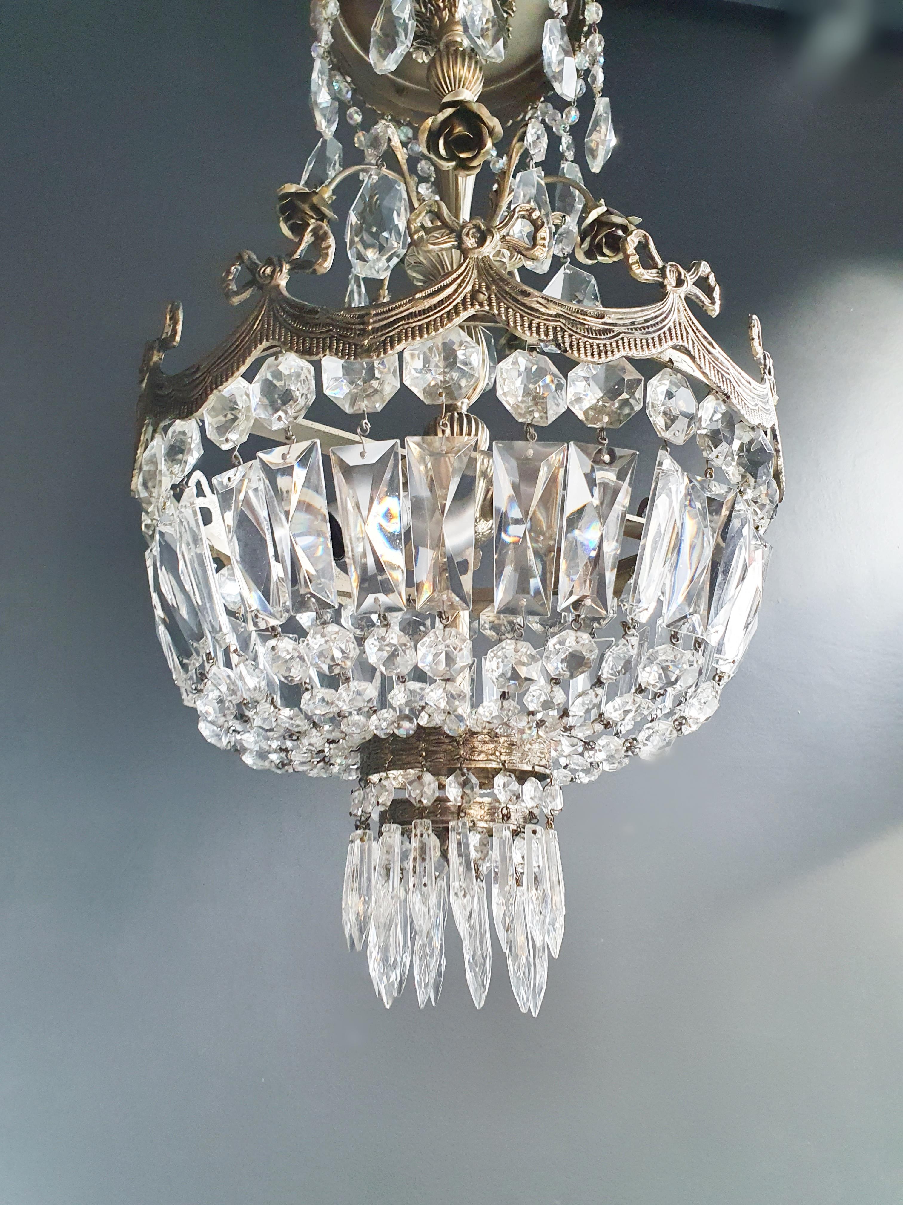 Silver Rose Brass Crystal Chandelier Antique Ceiling Lamp Lustre Art Nouveau In Good Condition In Berlin, DE