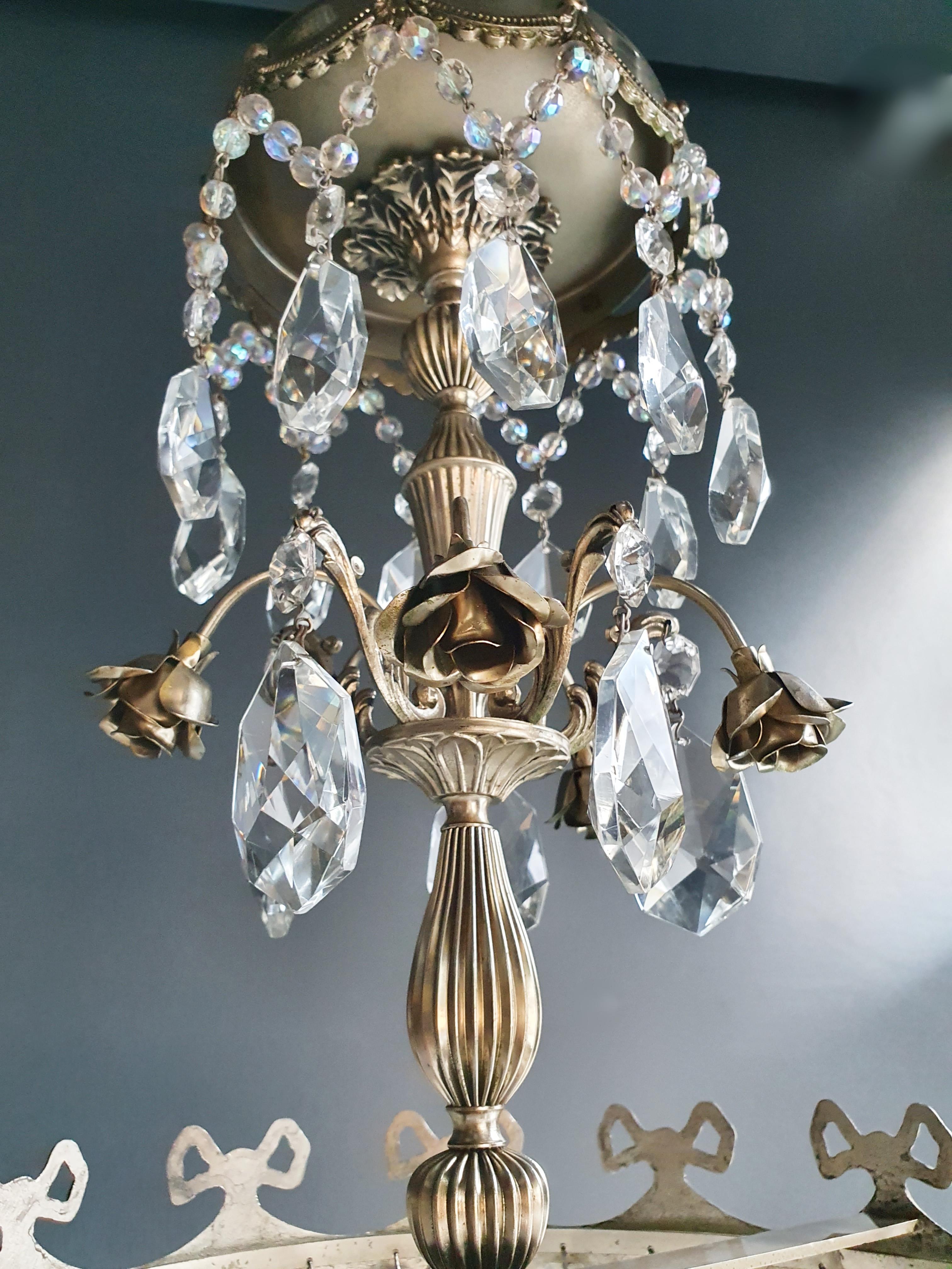 Mid-20th Century Silver Rose Brass Crystal Chandelier Antique Ceiling Lamp Lustre Art Nouveau