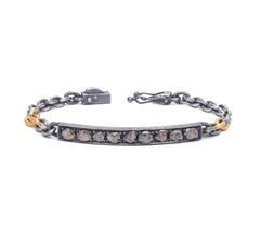 Oxidised Silver and 24k Gold Micron Plated Rose Cut Diamond Tag Chain Bracelet