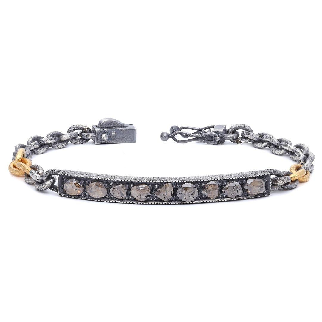  Oxidised Silver and 24k Gold Micron Plated Rose Cut Diamond Tag Chain Bracelet In New Condition For Sale In ISTANBUL, TR