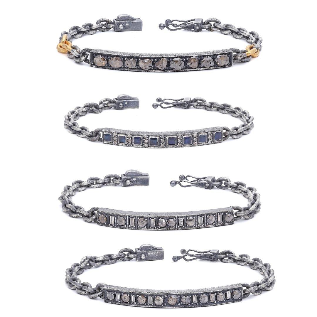 Oxidised Silver Tag Chain Bracelet with Rose Cut Diamonds and Baguette Diamonds In New Condition For Sale In ISTANBUL, TR