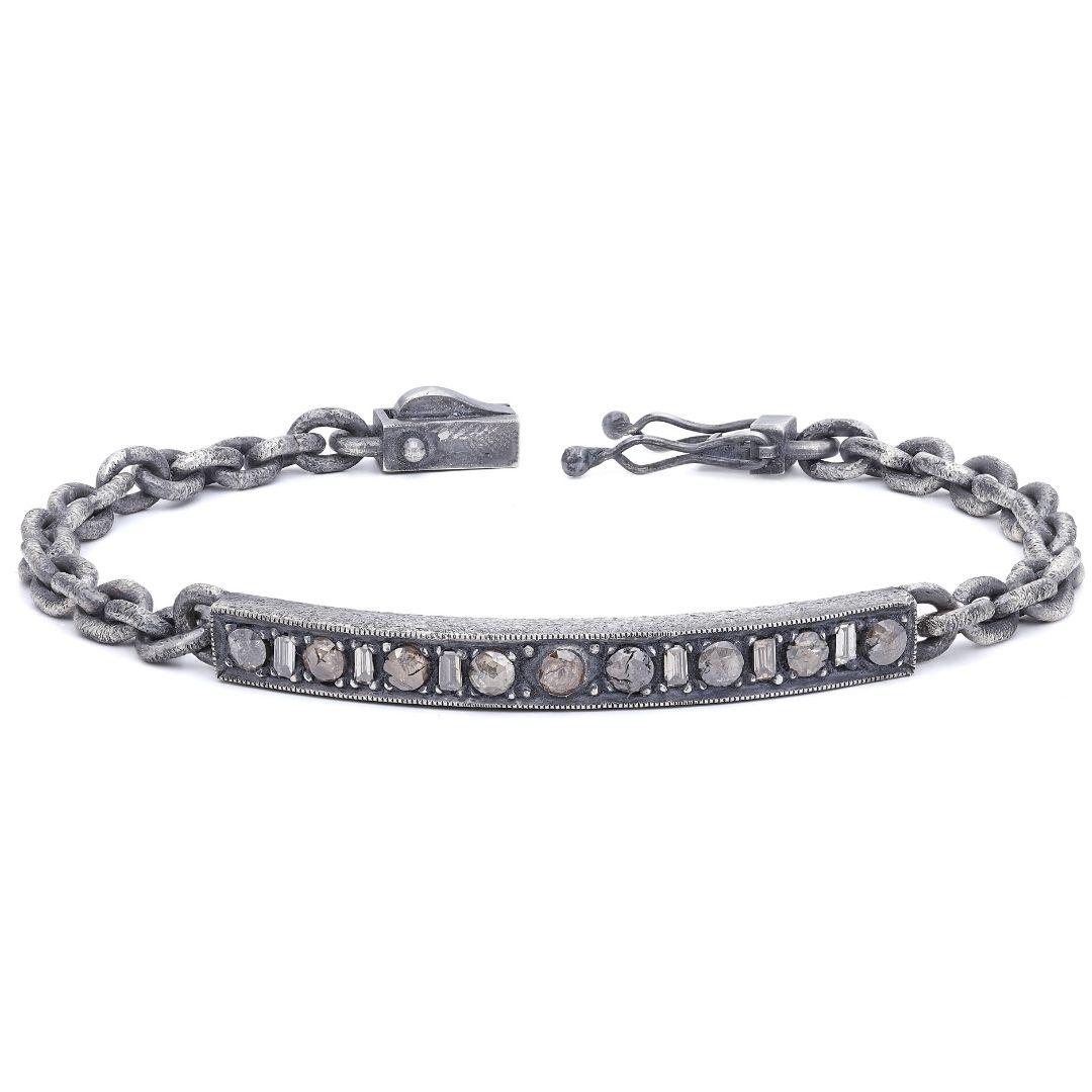 Women's or Men's Oxidised Silver Tag Chain Bracelet with Rose Cut Diamonds and Baguette Diamonds For Sale