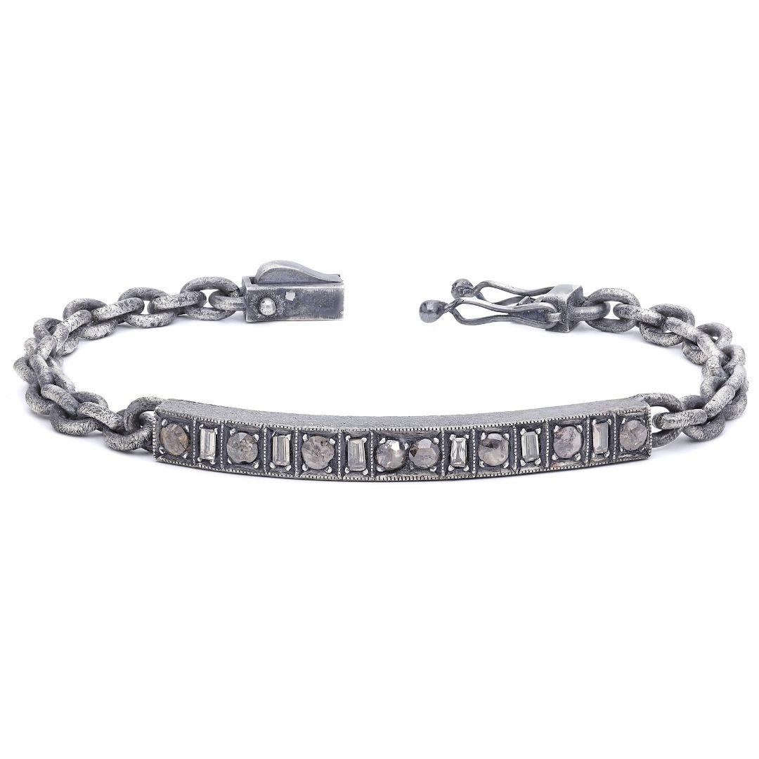 Women's or Men's Oxidised Silver Tag Chain Bracelet with Rose Cut Diamonds and Baguette Diamonds For Sale