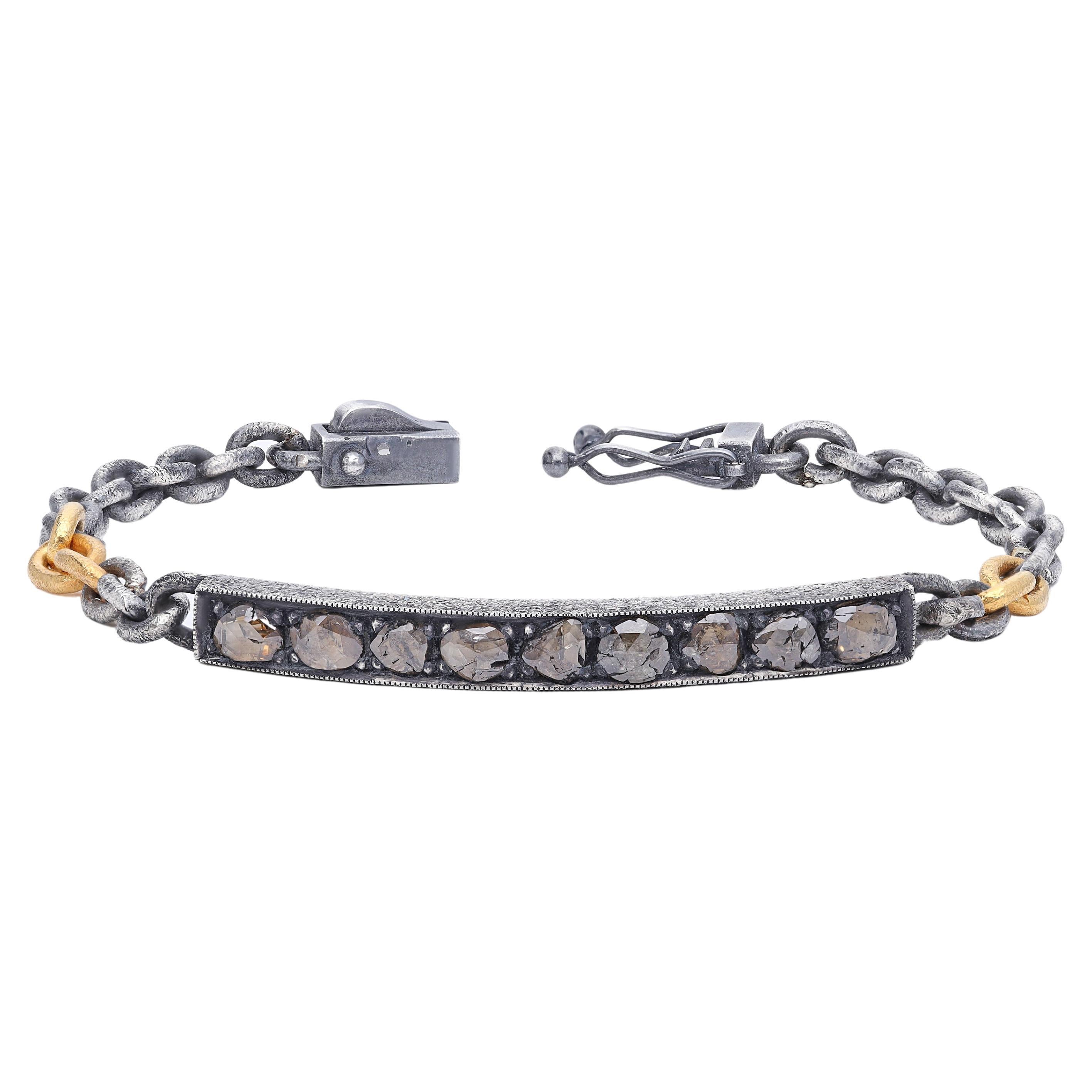 Oxidised Silver and 24k Gold Micron Plated Rose Cut Diamond Tag Chain Bracelet