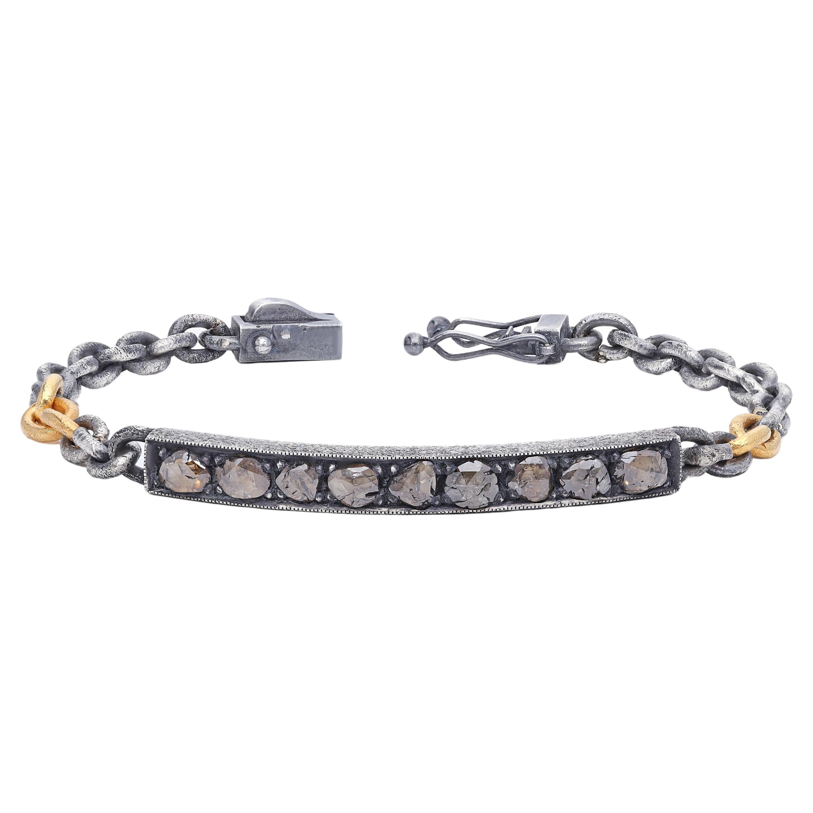  Oxidised Silver and 24k Gold Micron Plated Rose Cut Diamond Tag Chain Bracelet For Sale